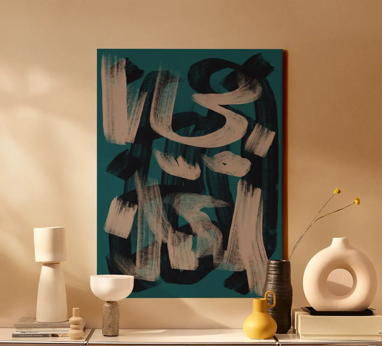 Droog penseel abstract in donkergroen canvas met Baklijst van Little Dean