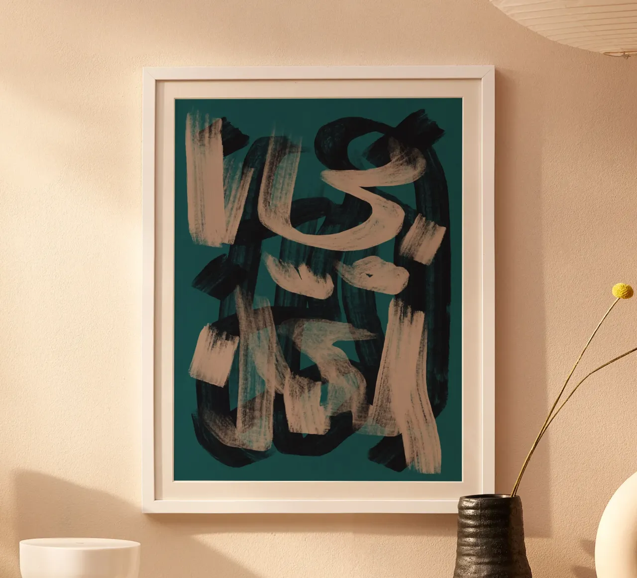 Droog penseel abstract in donkergroen poster met aluminium frame van Little Dean