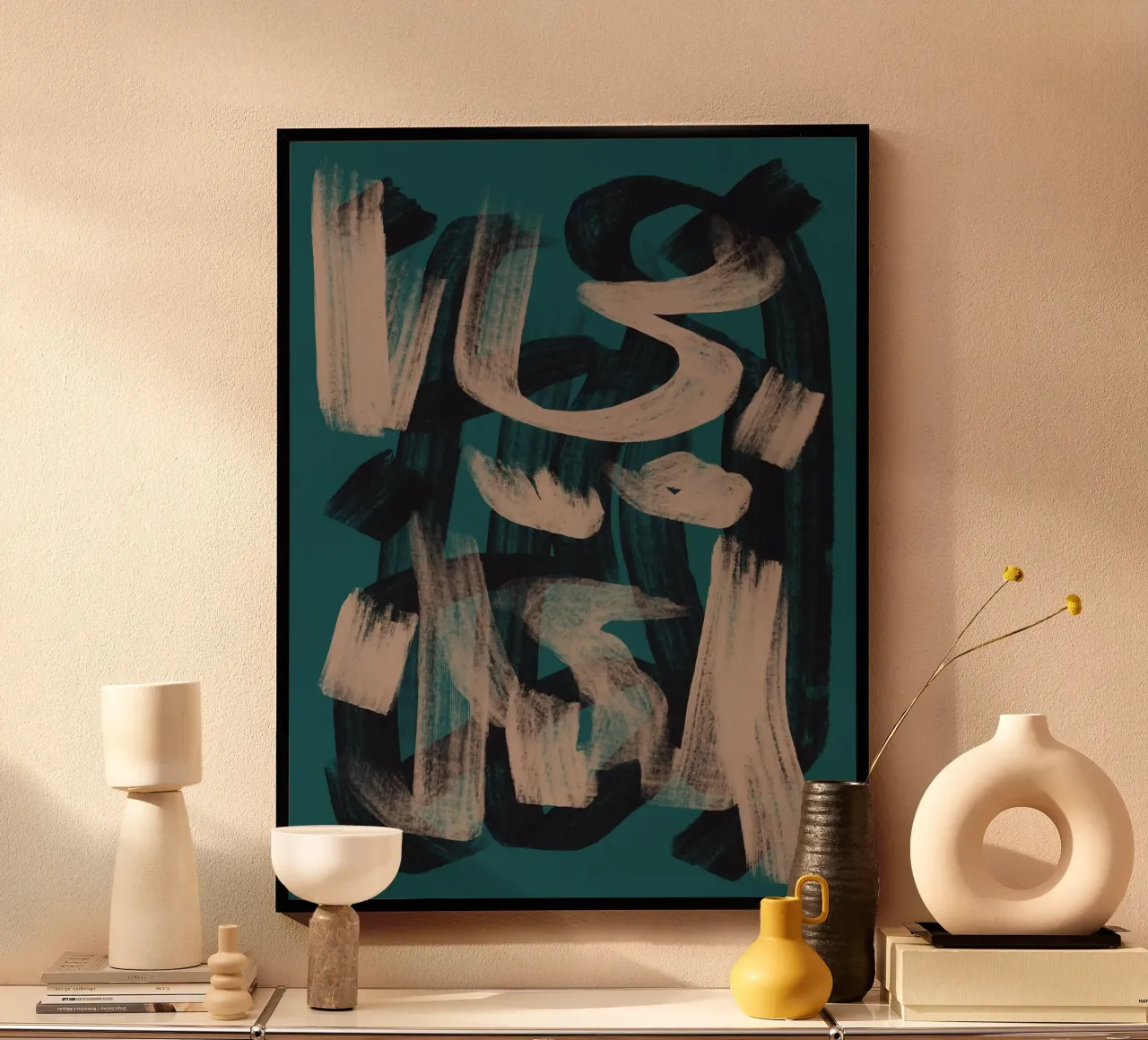 Droog penseel abstract in donkergroen poster met aluminium frame van Little Dean