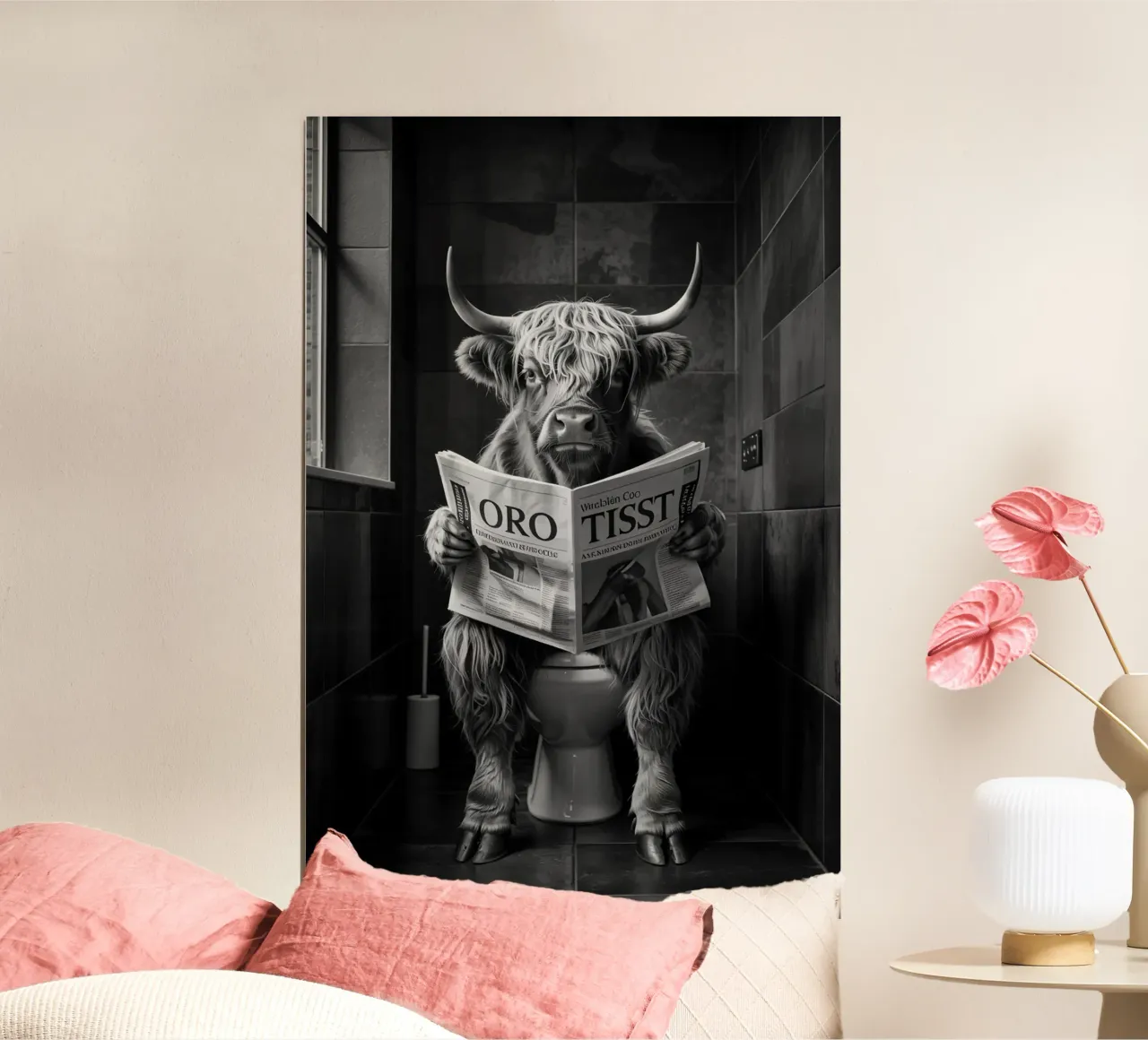 Mucca Highland seduta sul water che legge un giornale poster da Dale Edward YoungJr