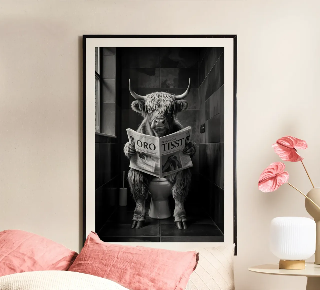 Mucca Highland seduta sul water che legge un giornale poster da Dale Edward YoungJr