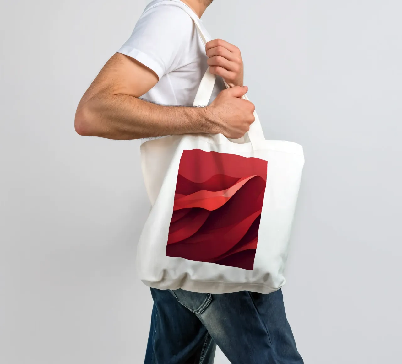Abstract red waves create a dynamic and engaging wallpaper tote bag by DesignDoodle