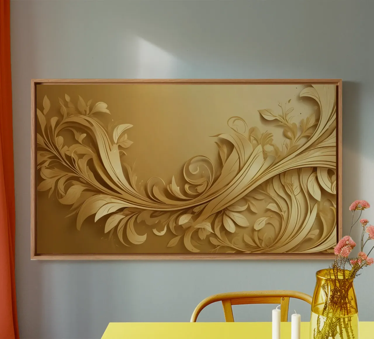 Elegant gold abstract design with intricate floral patterns canvas with Floater frame by DesignDoodle