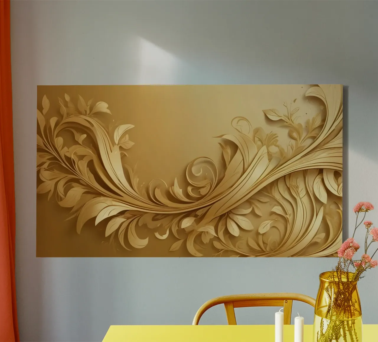 Elegant gold abstract design with intricate floral patterns canvas with Floater frame by DesignDoodle