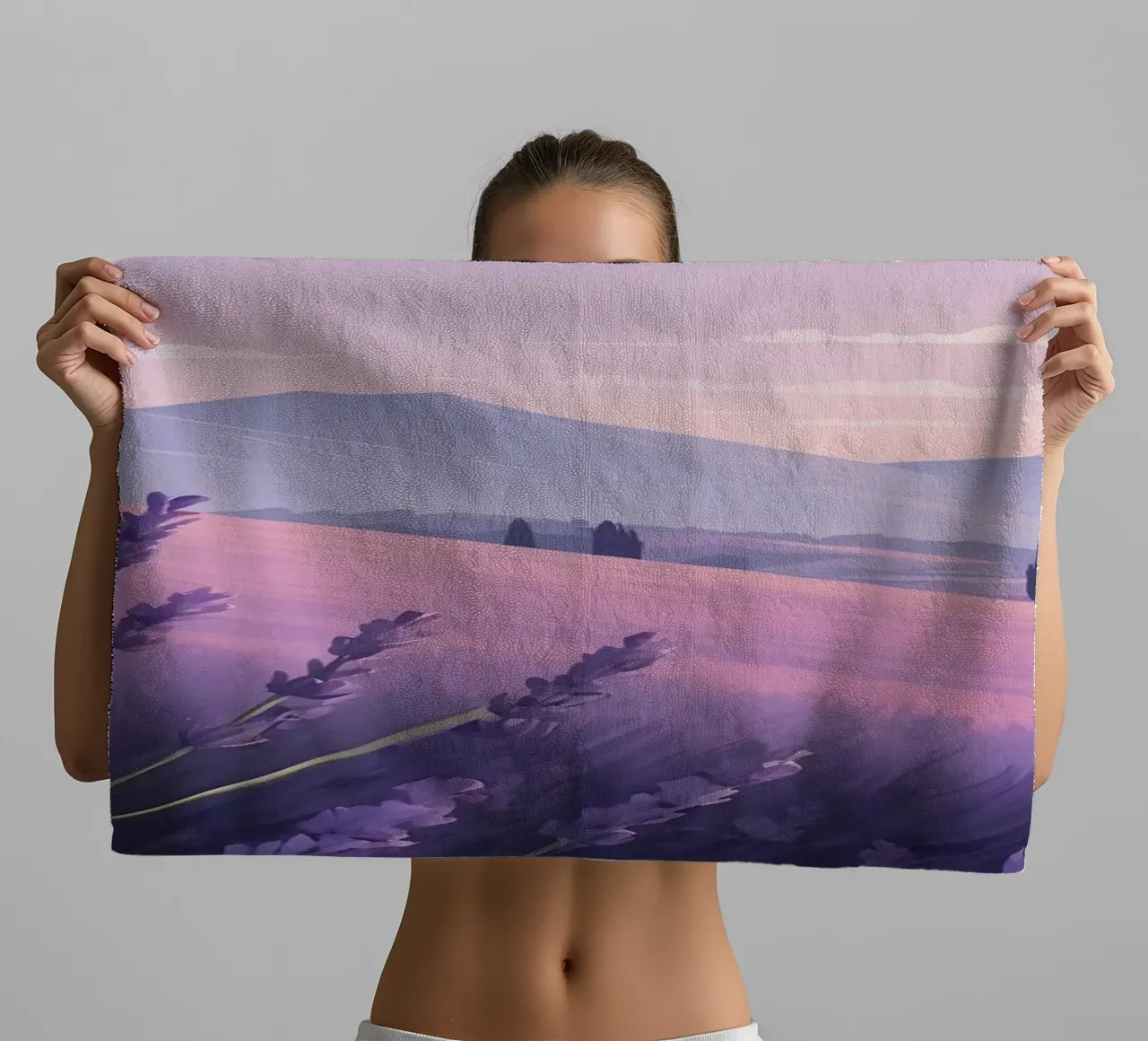 Lavender fields stretch under a pastel sky during twilight towel by DesignDoodle