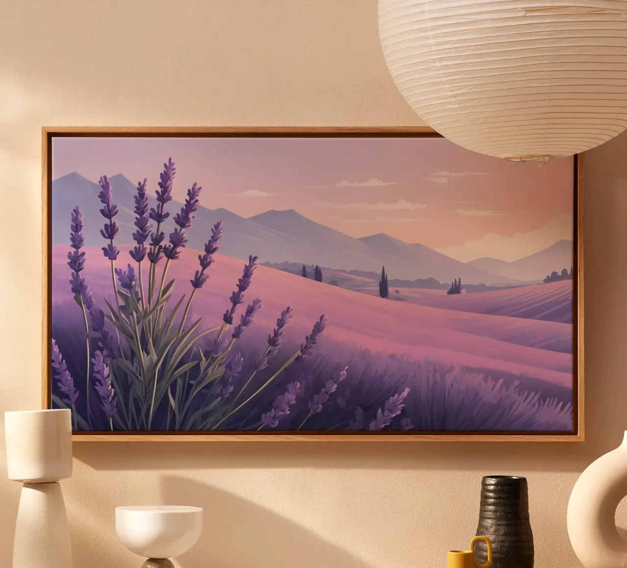 Lavender fields stretch under a pastel sky during twilight canvas with Floater frame by DesignDoodle