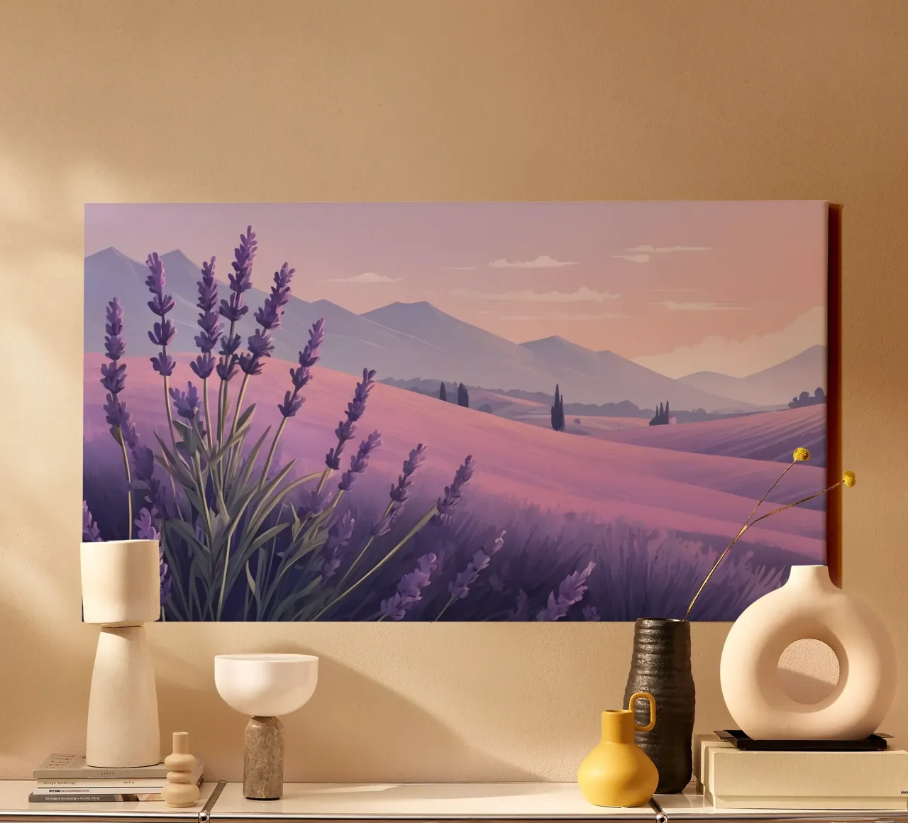 Lavender fields stretch under a pastel sky during twilight canvas with Floater frame by DesignDoodle