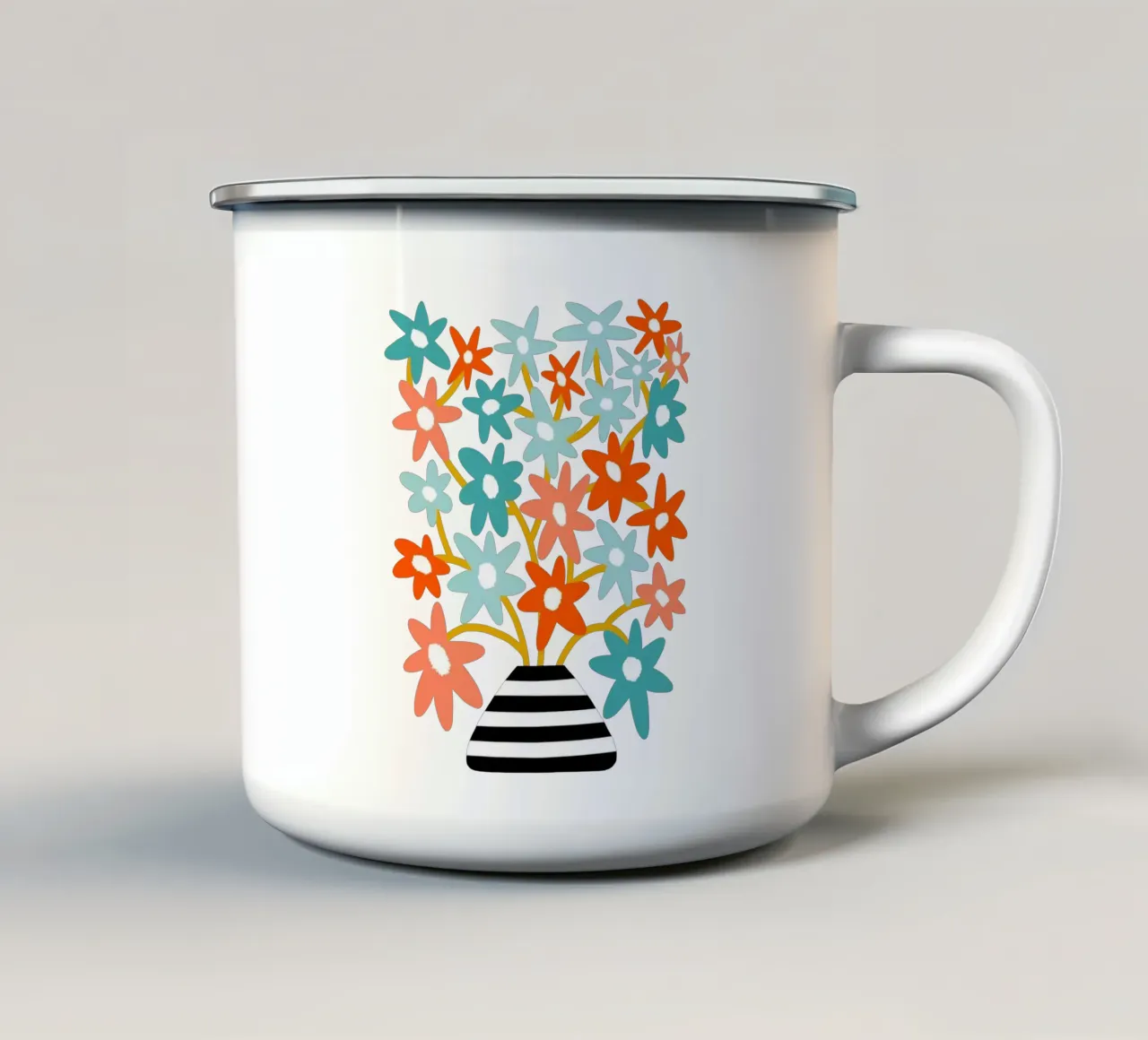 Fiori felici in un vaso a righe - Accenti color pesca e acqua tazza in smalto da Dominique Vari