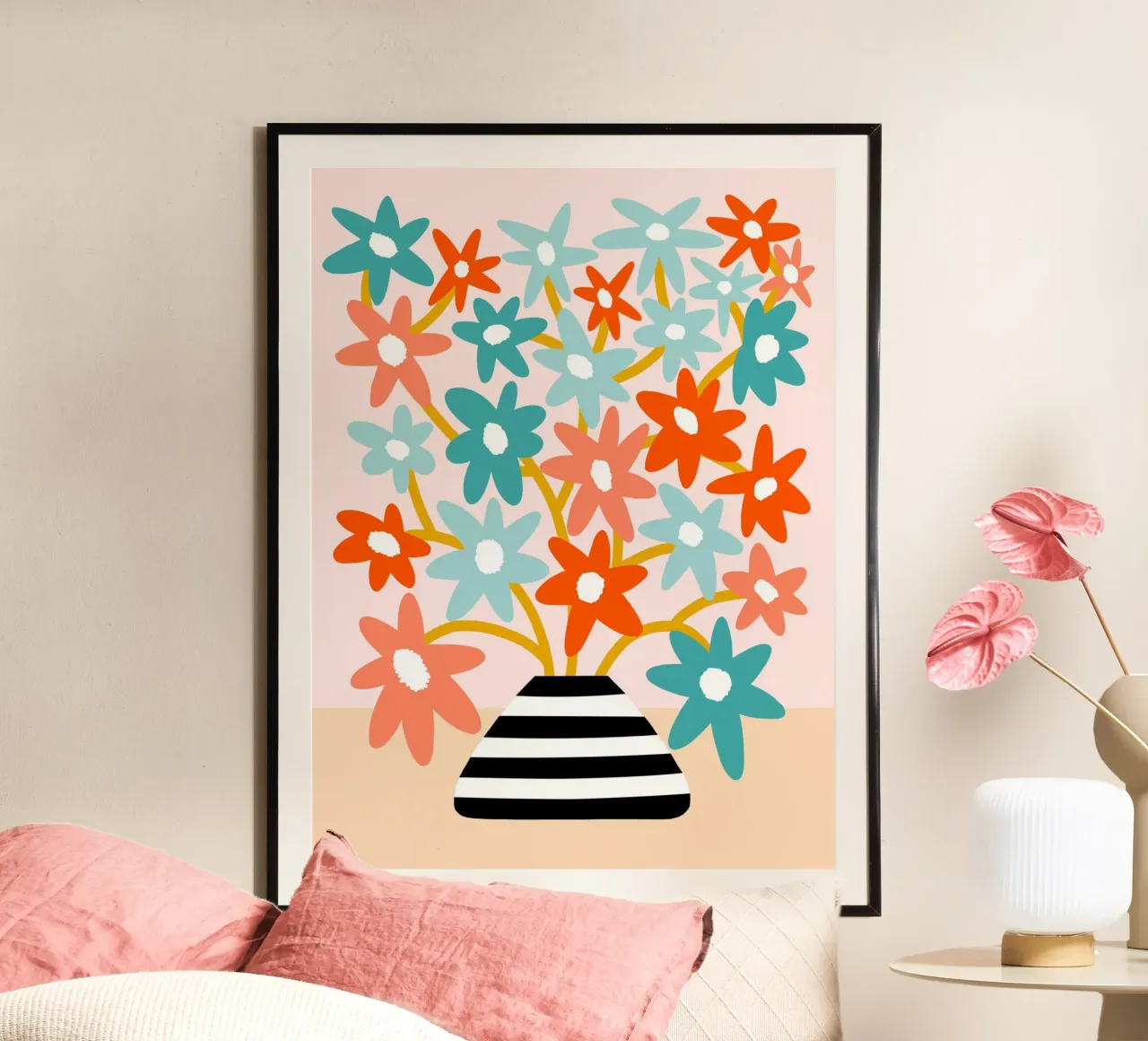 Fiori felici in un vaso a righe - Accenti color pesca e acqua carta hahnemühle da Dominique Vari