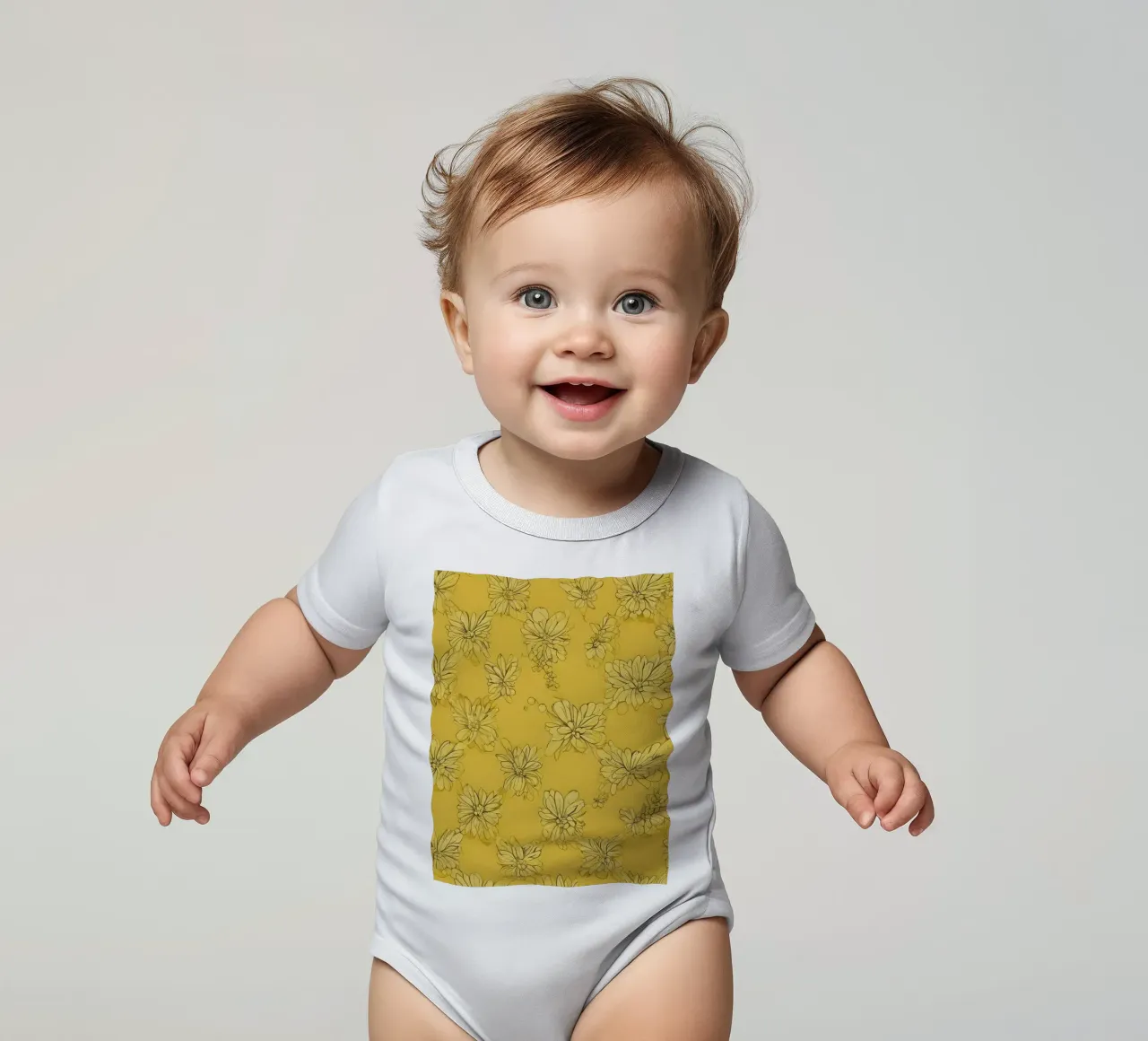 Papier peint abstrait jaune vif avec des motifs floraux complexes body bébé de DesignDoodle