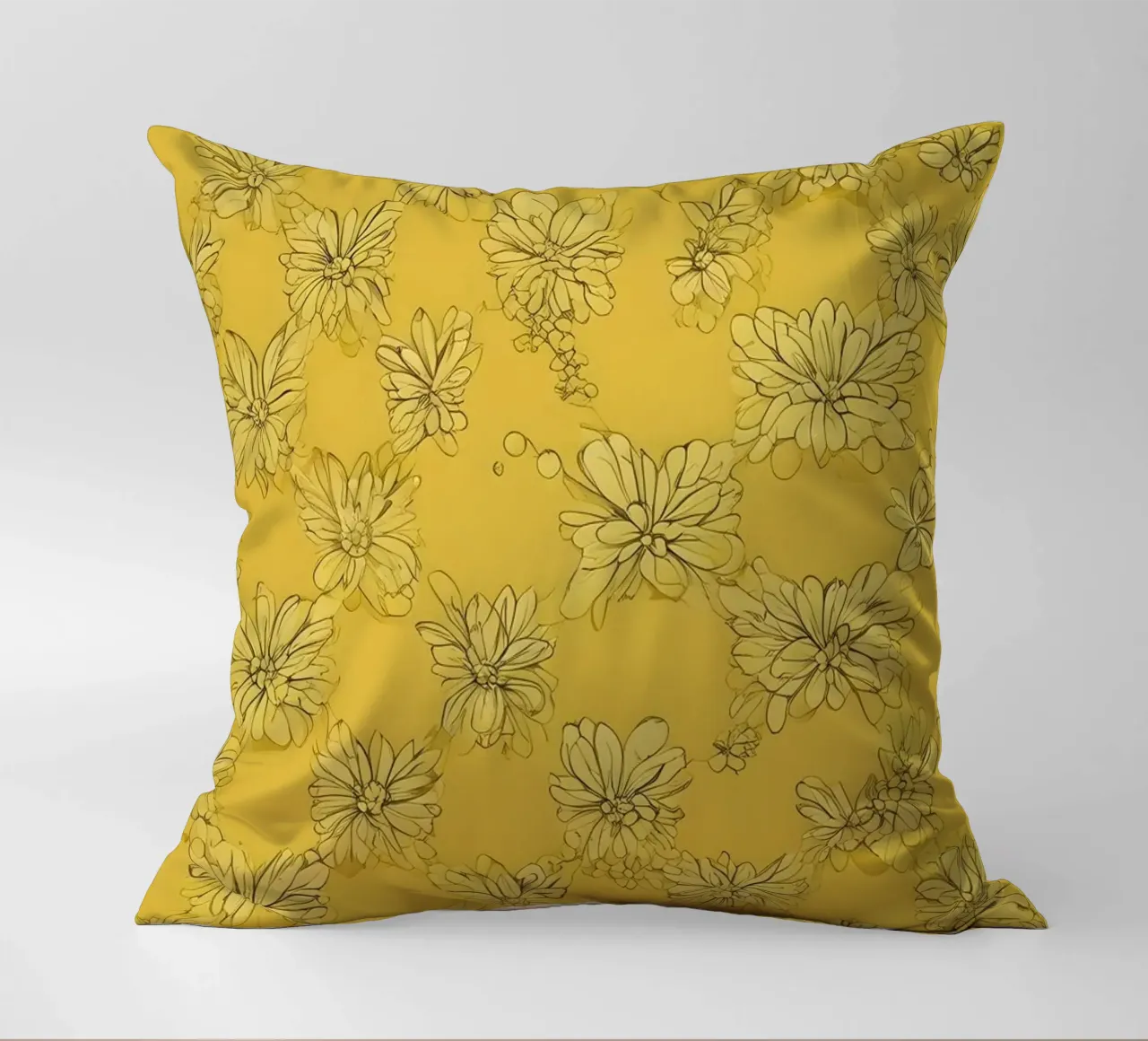 Papier peint abstrait jaune vif avec des motifs floraux complexes coussin de DesignDoodle