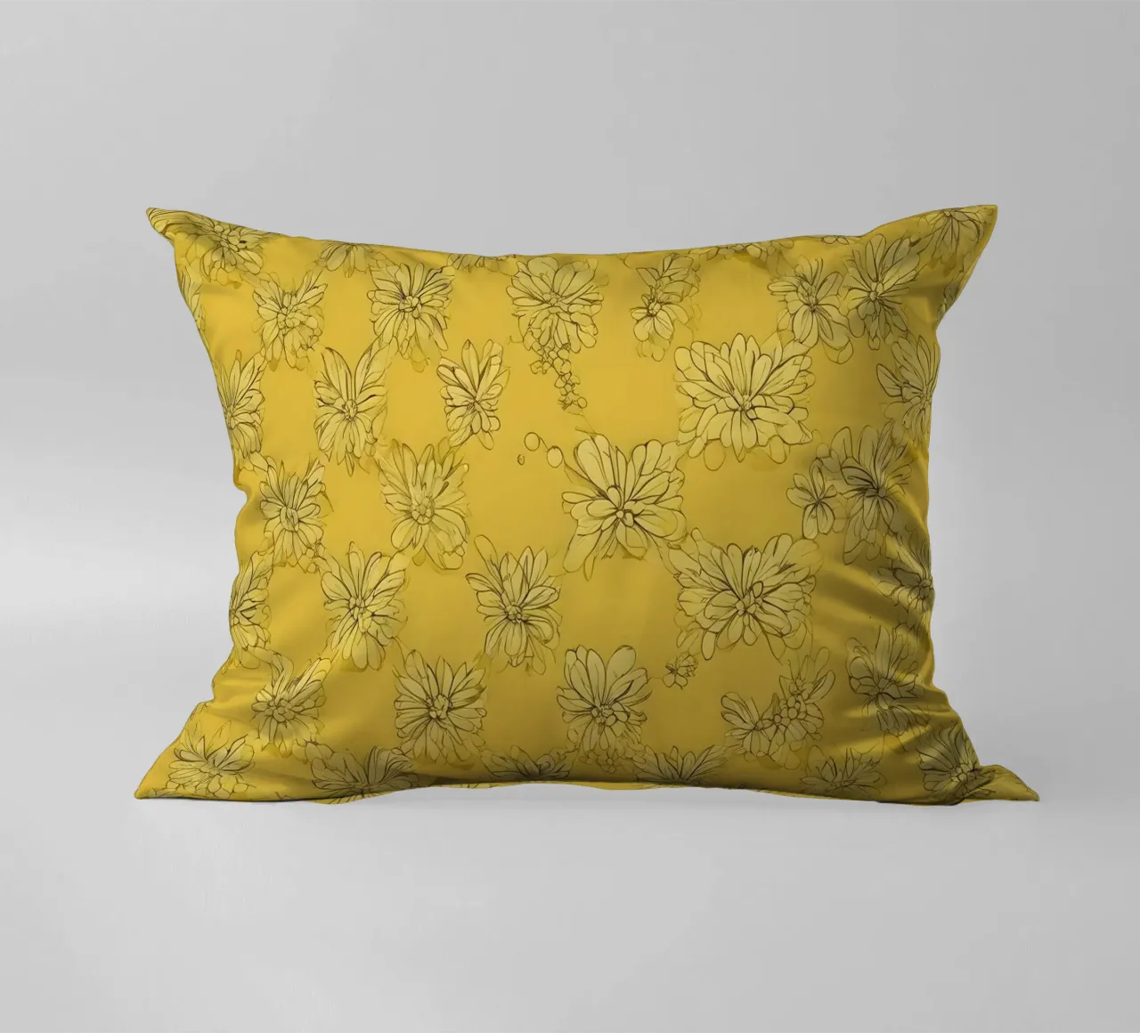 Papier peint abstrait jaune vif avec des motifs floraux complexes coussin de DesignDoodle
