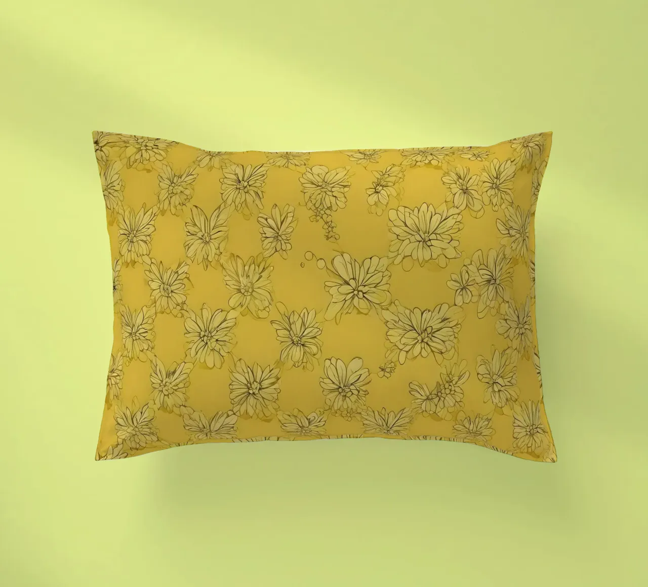 Papier peint abstrait jaune vif avec des motifs floraux complexes coussin de DesignDoodle
