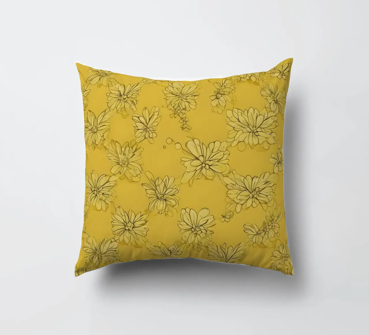 Papier peint abstrait jaune vif avec des motifs floraux complexes coussin de DesignDoodle