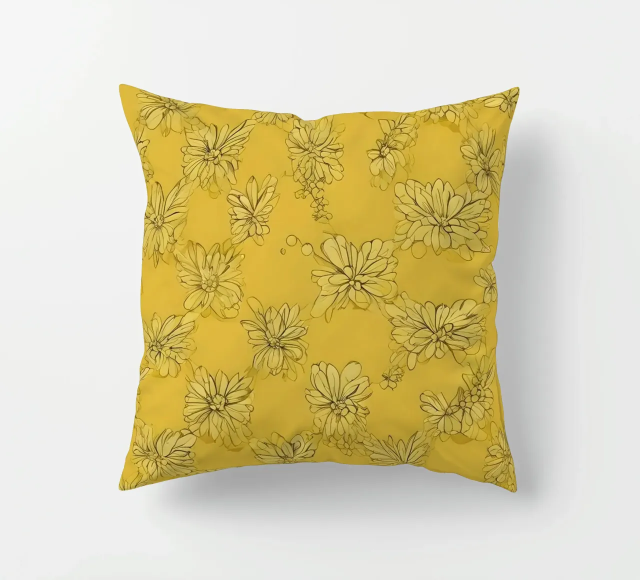 Papier peint abstrait jaune vif avec des motifs floraux complexes coussin de DesignDoodle