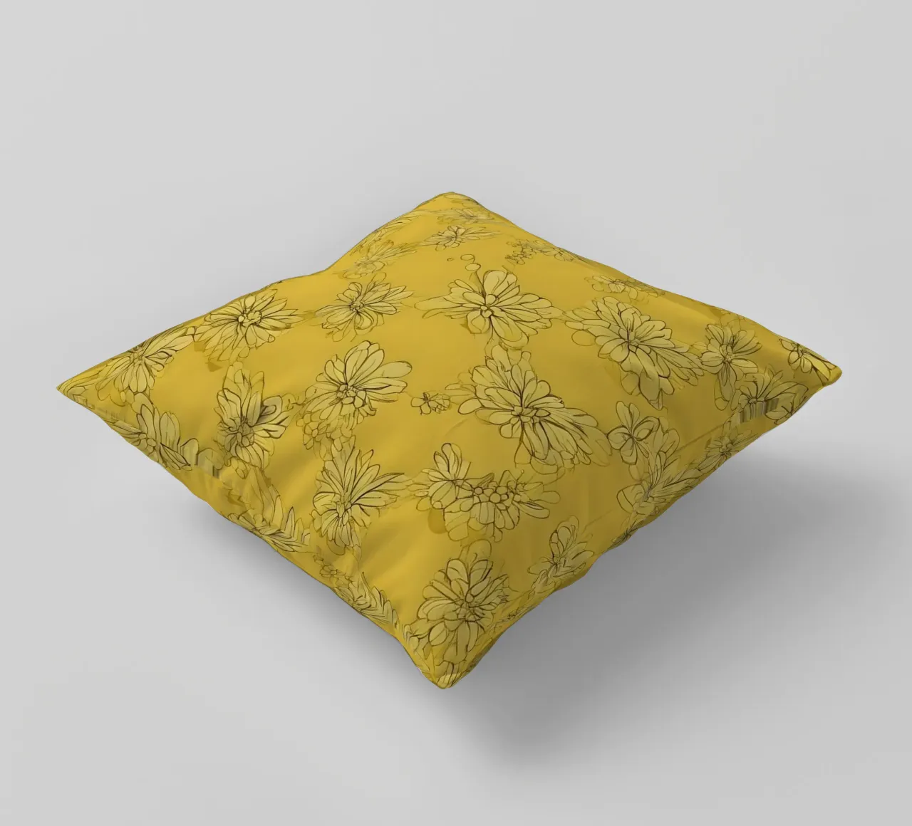 Papier peint abstrait jaune vif avec des motifs floraux complexes coussin de DesignDoodle