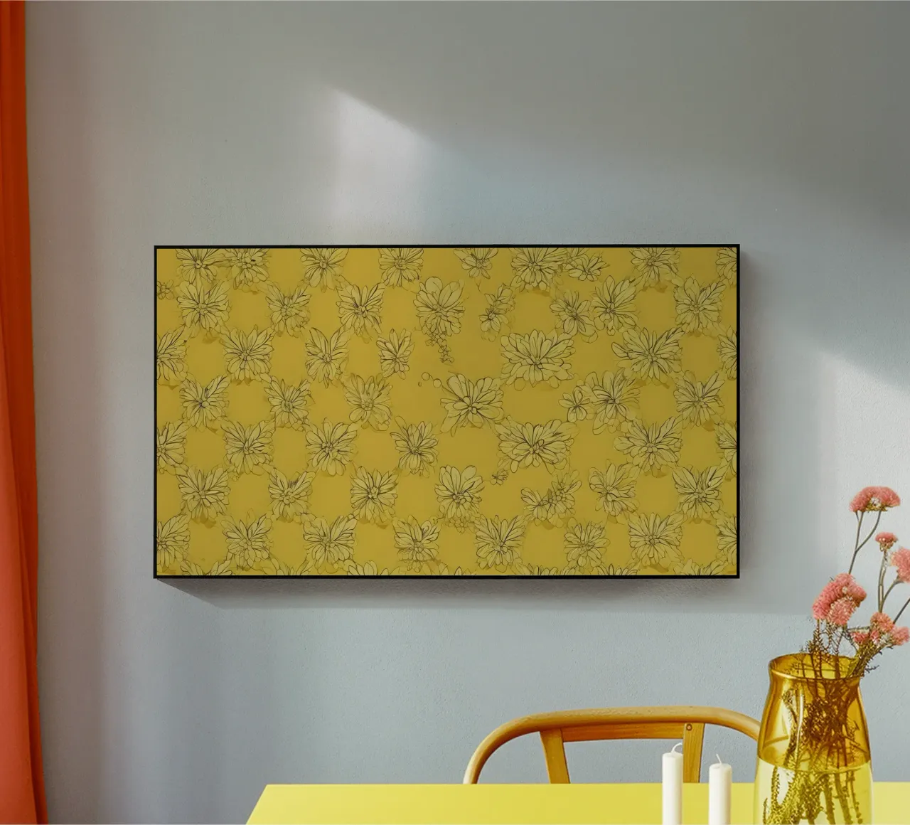 Papier peint abstrait jaune vif avec des motifs floraux complexes plexiglas de DesignDoodle
