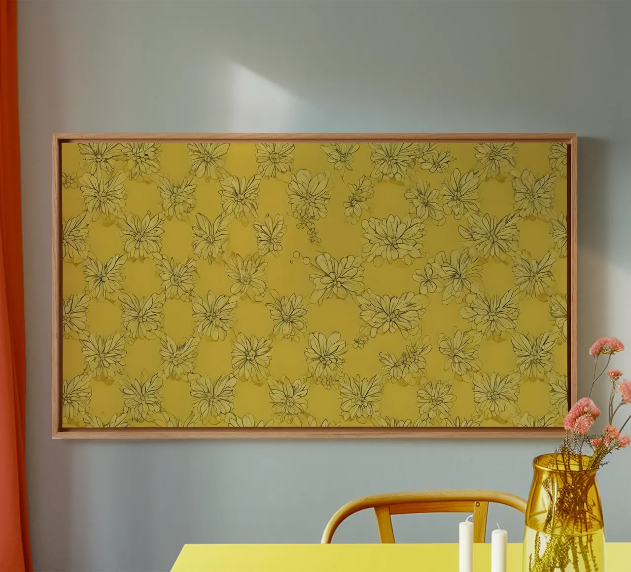 Papier peint abstrait jaune vif avec des motifs floraux complexes toile avec Caisse américaine de DesignDoodle