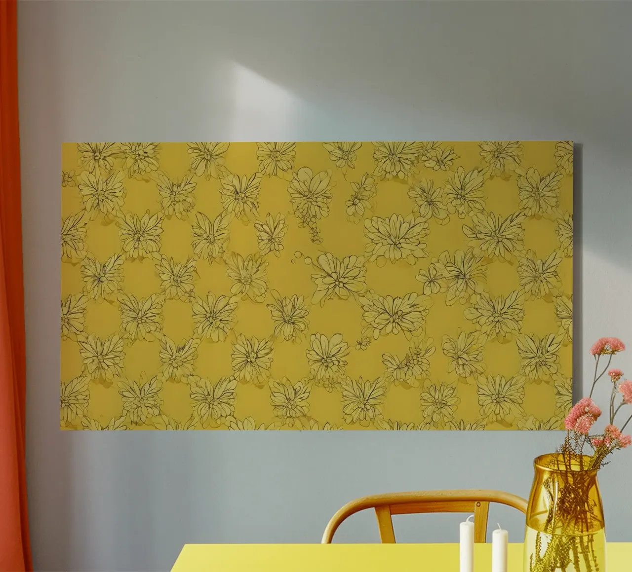 Papier peint abstrait jaune vif avec des motifs floraux complexes toile avec Caisse américaine de DesignDoodle