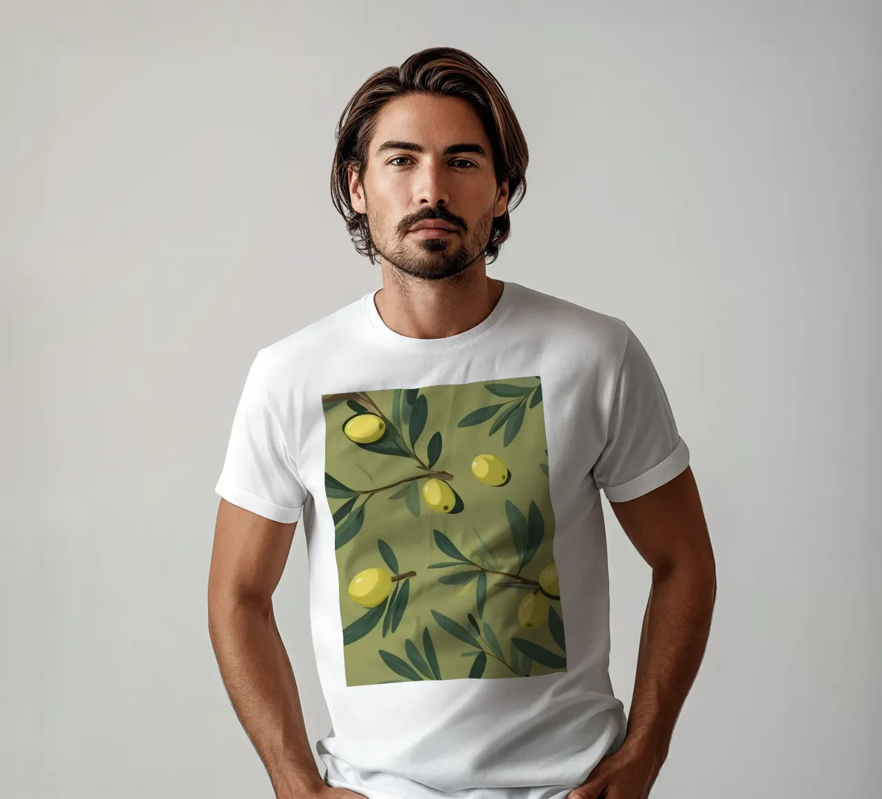 Papier peint élégant à motifs de branches d'olivier avec du jaune vibrant t-shirt de DesignDoodle