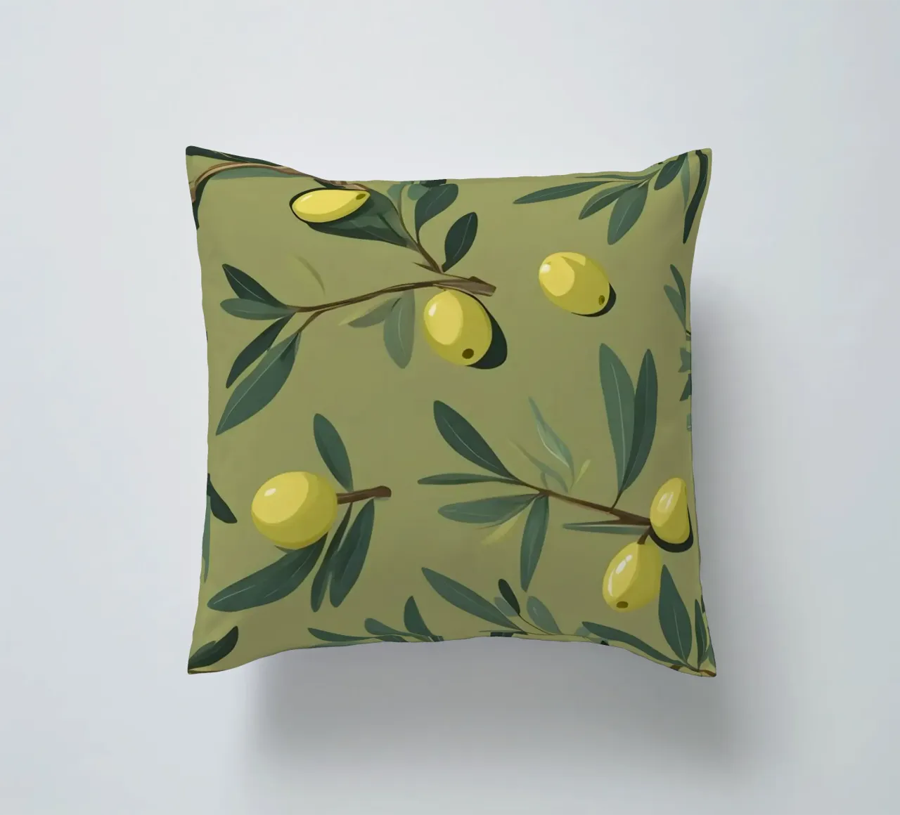 Papier peint élégant à motifs de branches d'olivier avec du jaune vibrant coussin de DesignDoodle