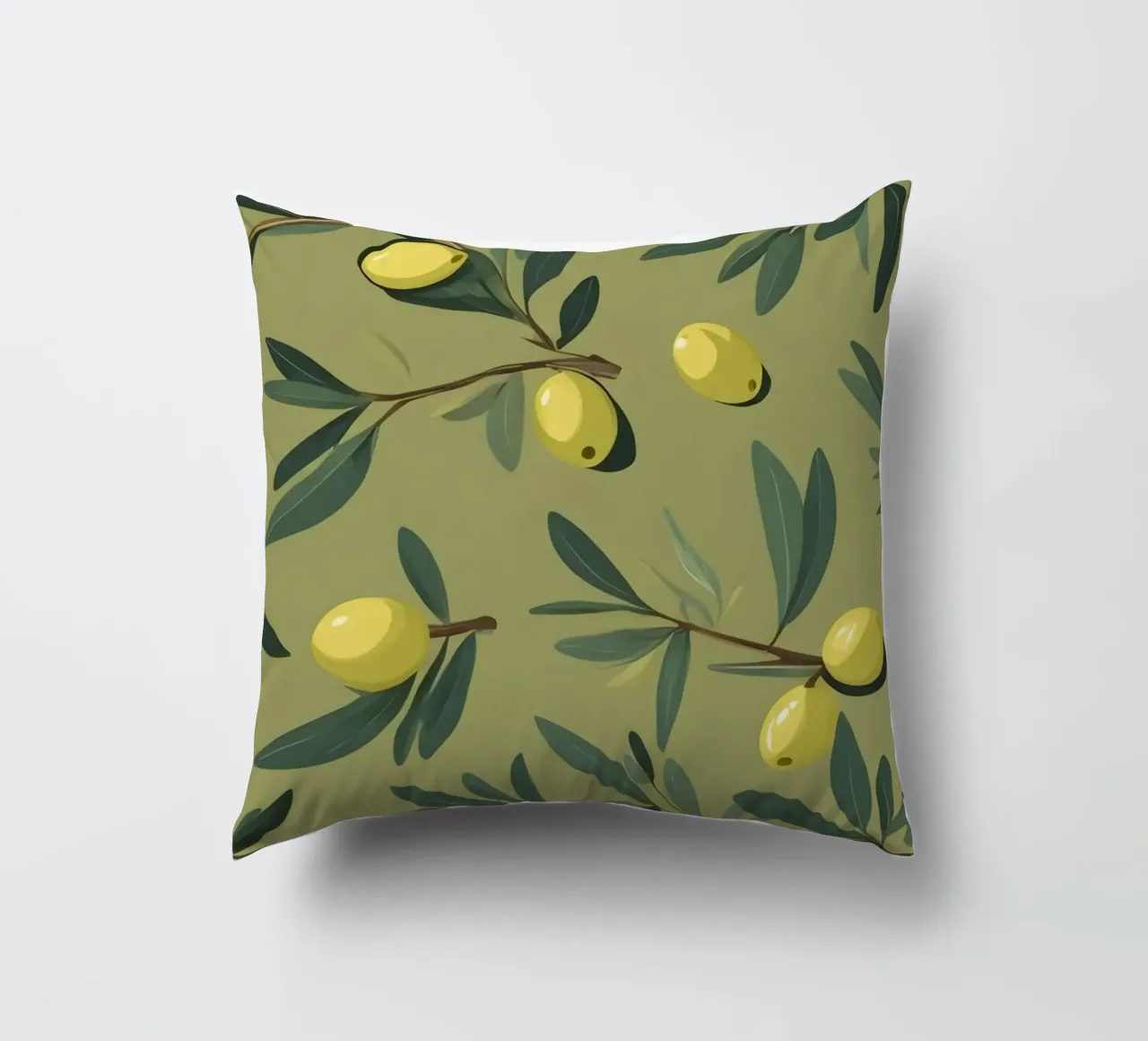 Papier peint élégant à motifs de branches d'olivier avec du jaune vibrant coussin de DesignDoodle