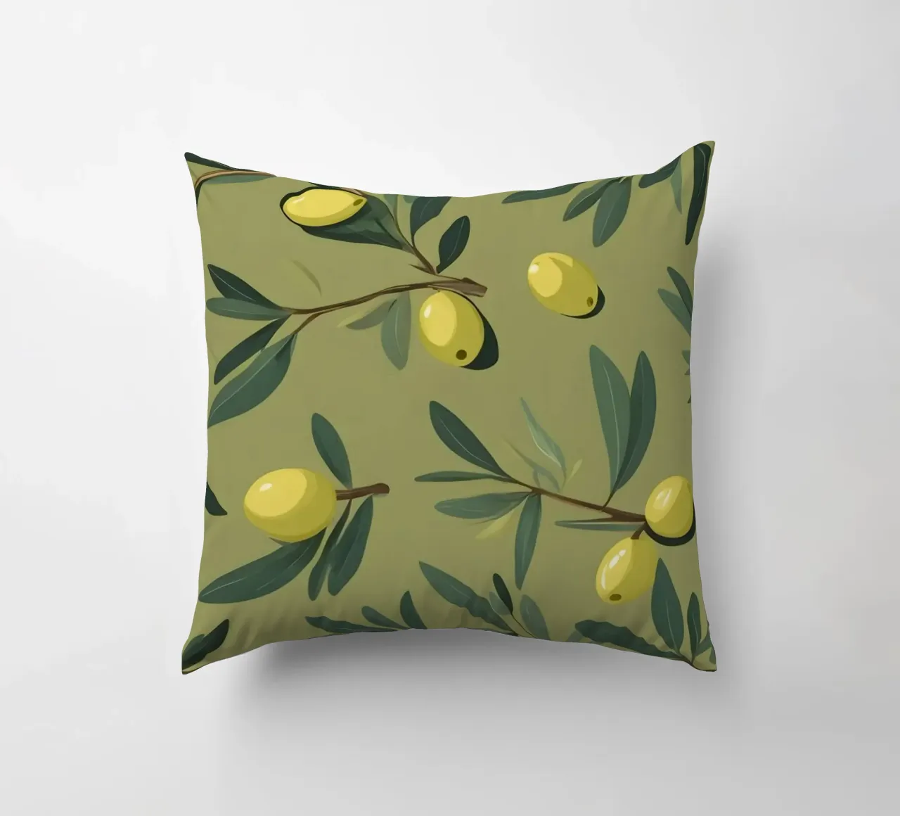 Papier peint élégant à motifs de branches d'olivier avec du jaune vibrant coussin de DesignDoodle