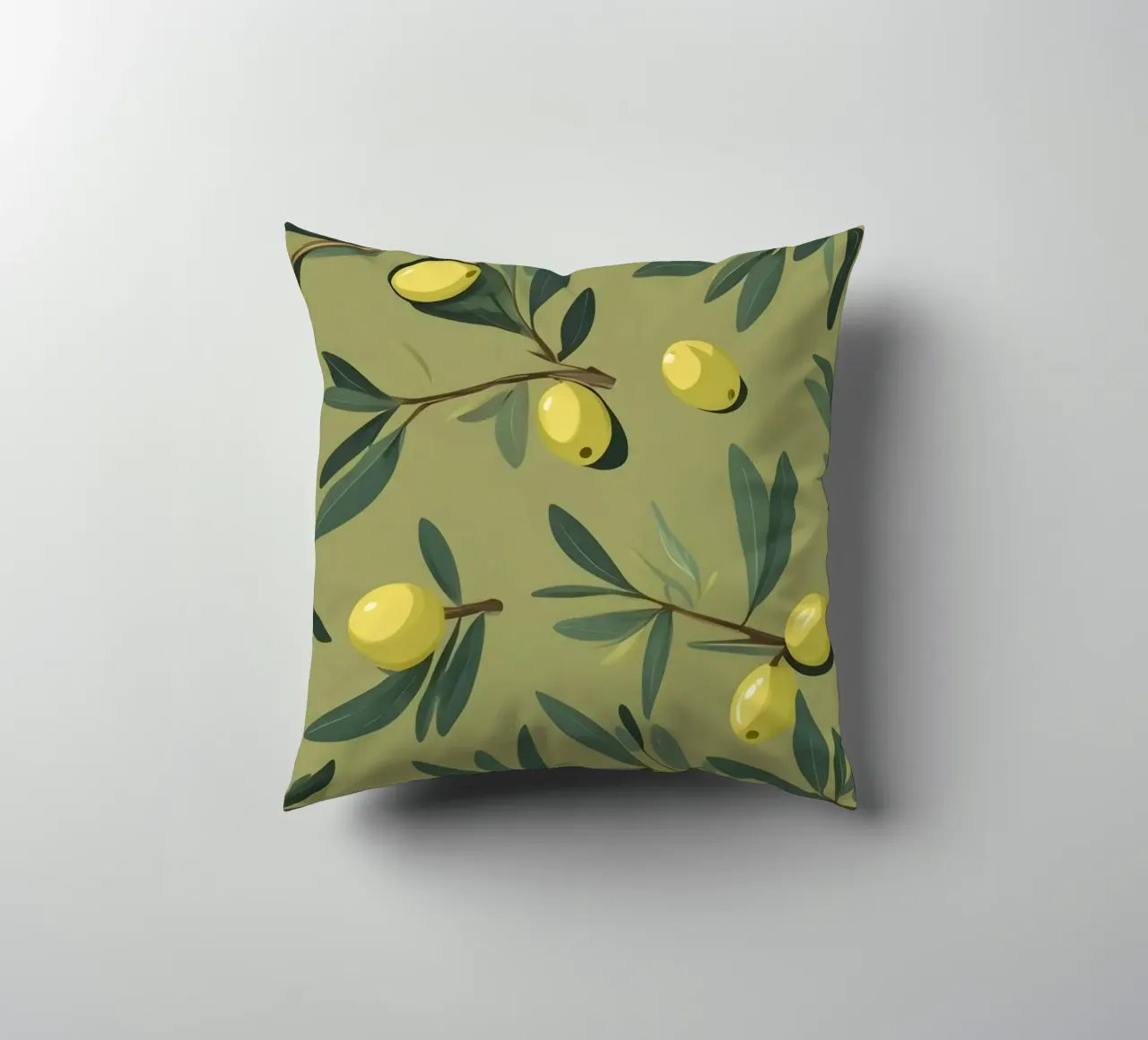 Papier peint élégant à motifs de branches d'olivier avec du jaune vibrant coussin de DesignDoodle