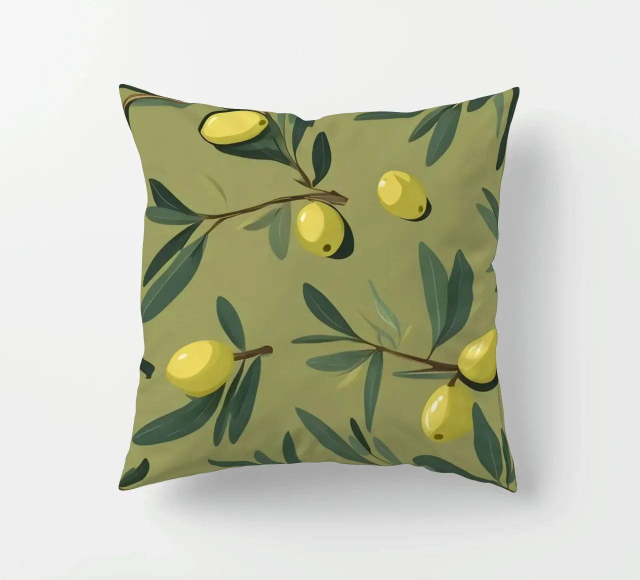 Papier peint élégant à motifs de branches d'olivier avec du jaune vibrant coussin de DesignDoodle