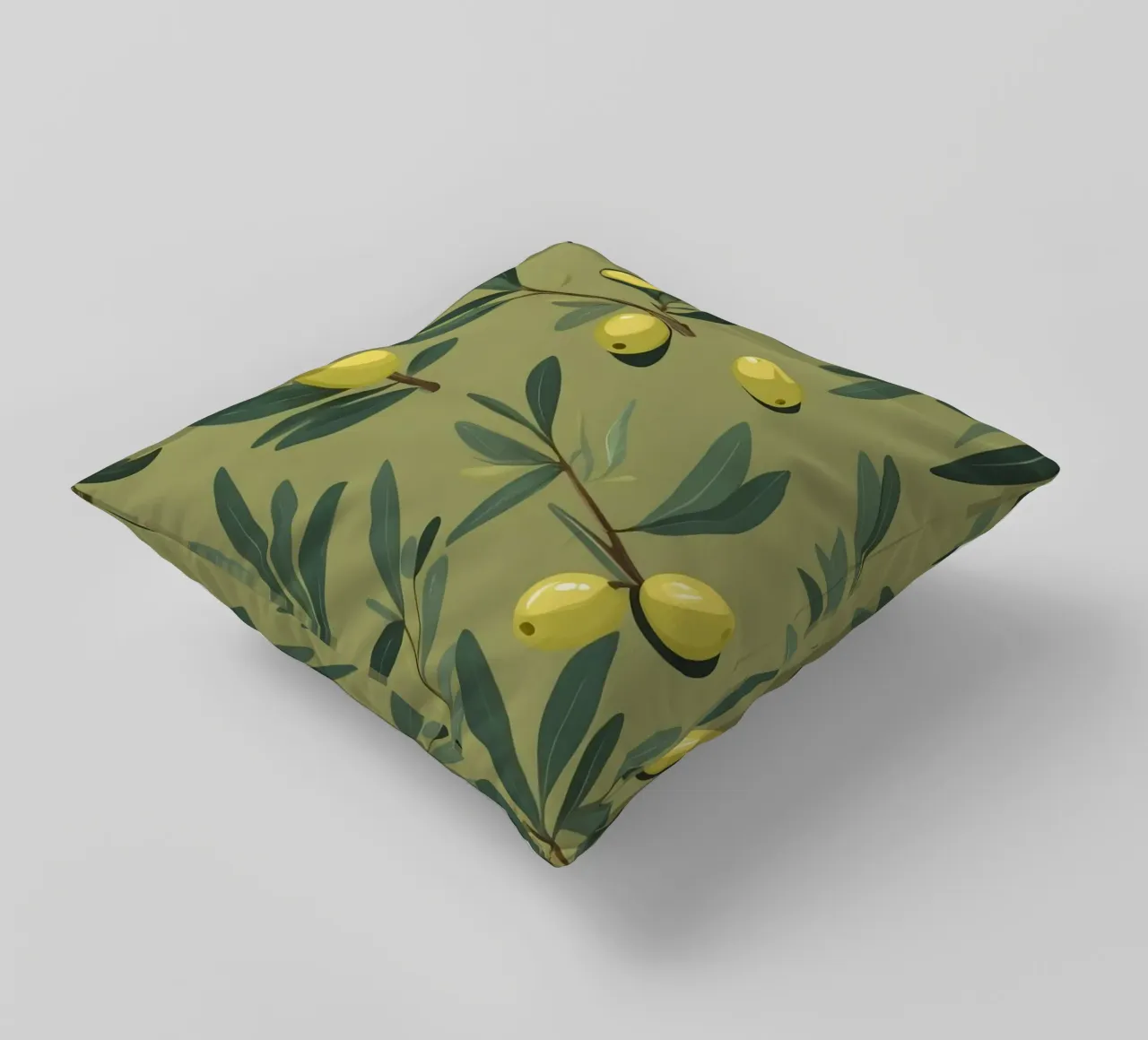 Papier peint élégant à motifs de branches d'olivier avec du jaune vibrant coussin de DesignDoodle