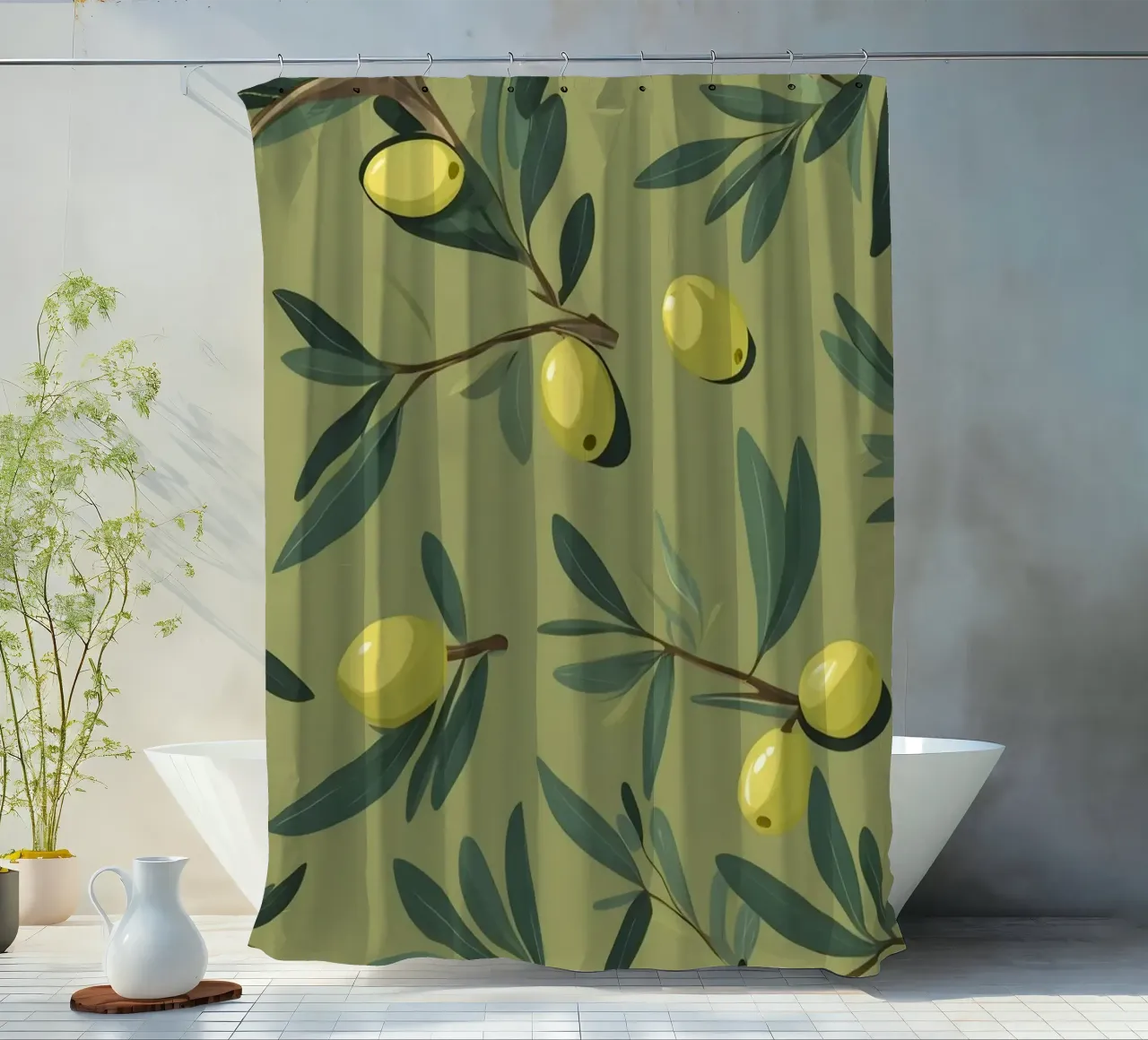 Elegant olive branch pattern wallpaper with vibrant yellow shower curtain by DesignDoodle