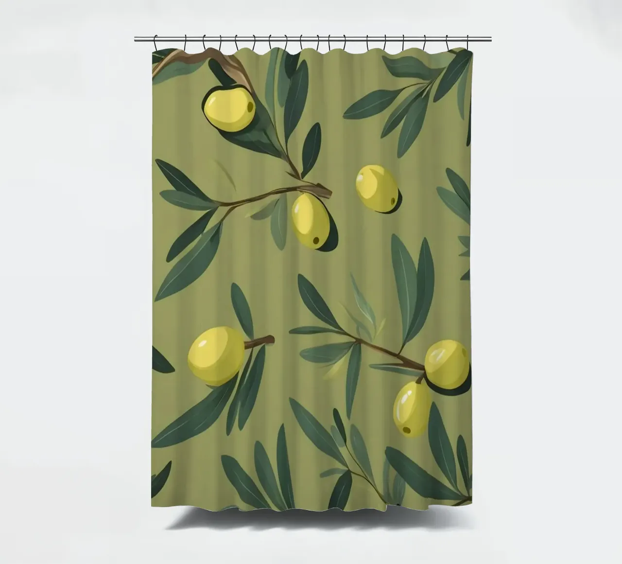 Elegant olive branch pattern wallpaper with vibrant yellow shower curtain by DesignDoodle
