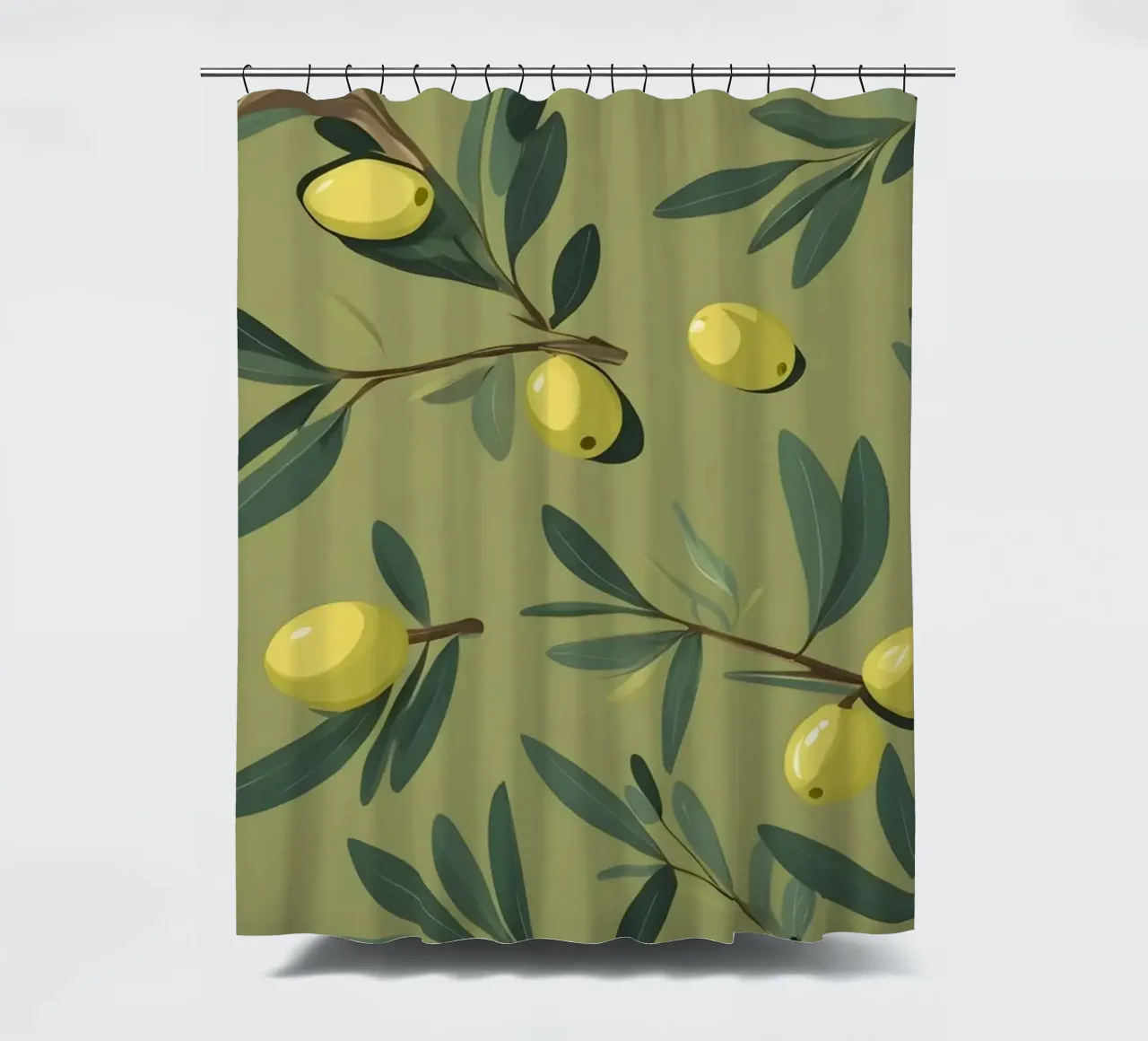 Elegant olive branch pattern wallpaper with vibrant yellow shower curtain by DesignDoodle