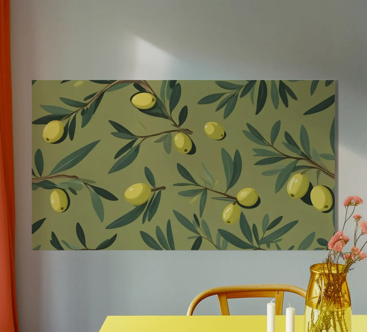 Papier peint élégant à motifs de branches d'olivier avec du jaune vibrant plexiglas de DesignDoodle
