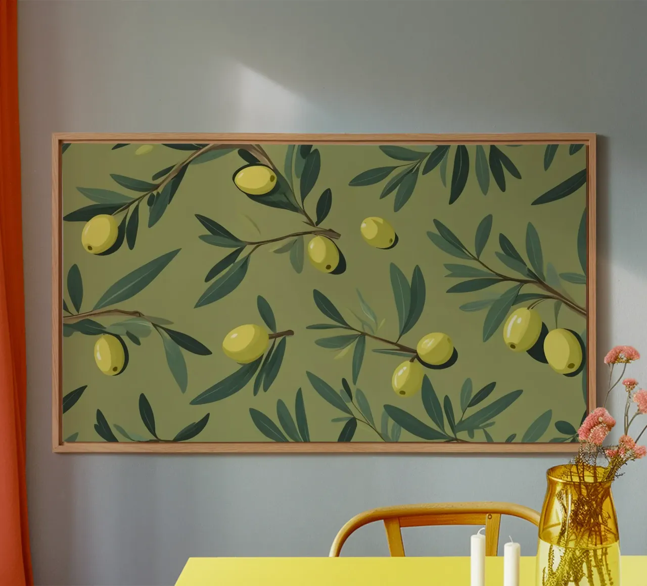 Papier peint élégant à motifs de branches d'olivier avec du jaune vibrant alu dibond de DesignDoodle