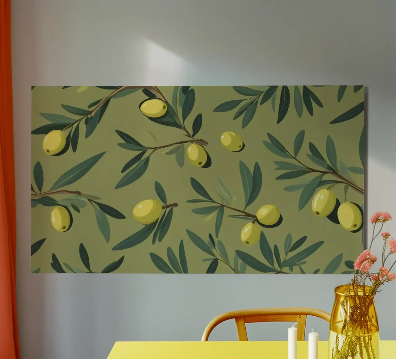 Papier peint élégant à motifs de branches d'olivier avec du jaune vibrant alu dibond de DesignDoodle