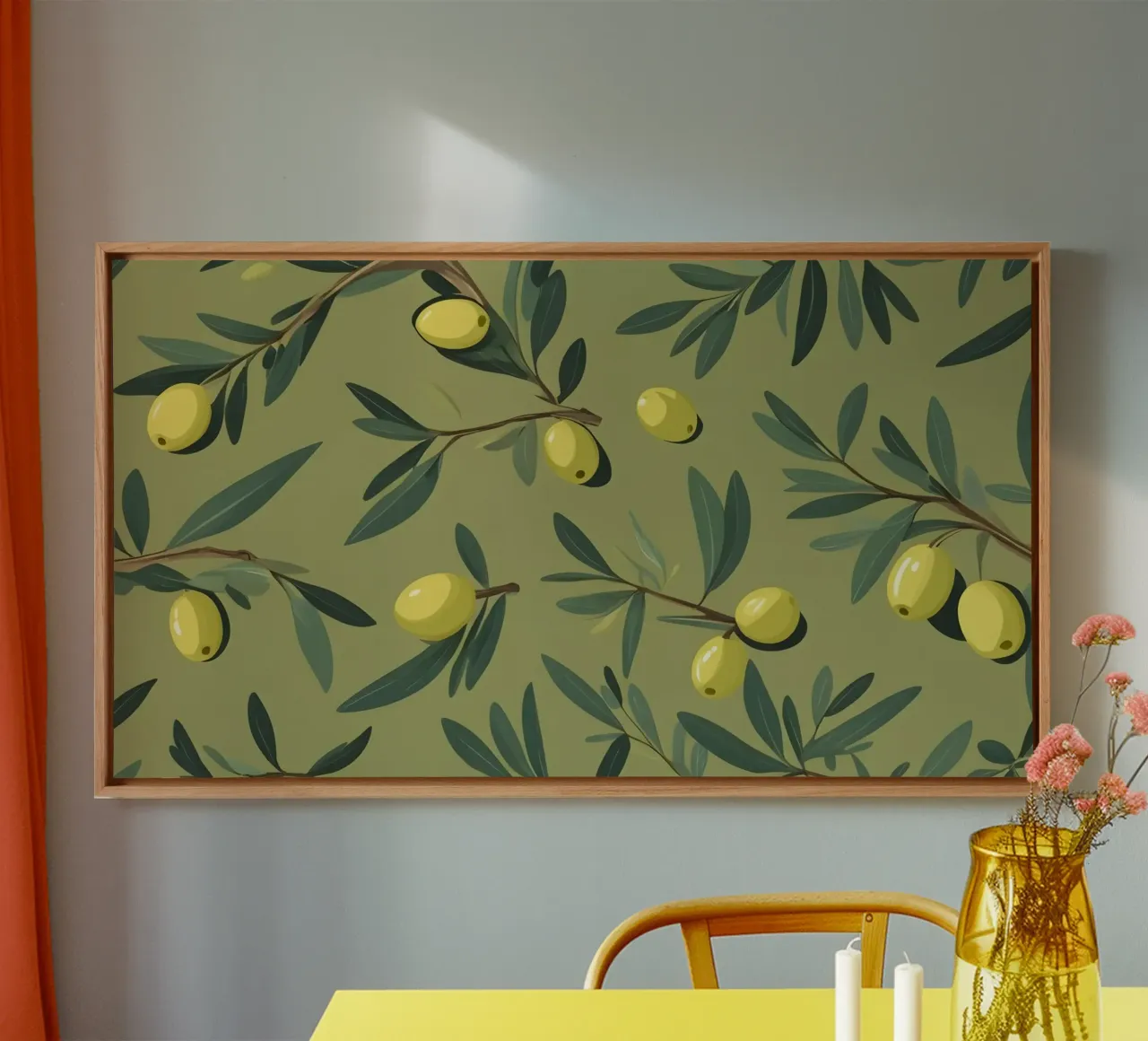 Elegant olive branch pattern wallpaper with vibrant yellow canvas by DesignDoodle