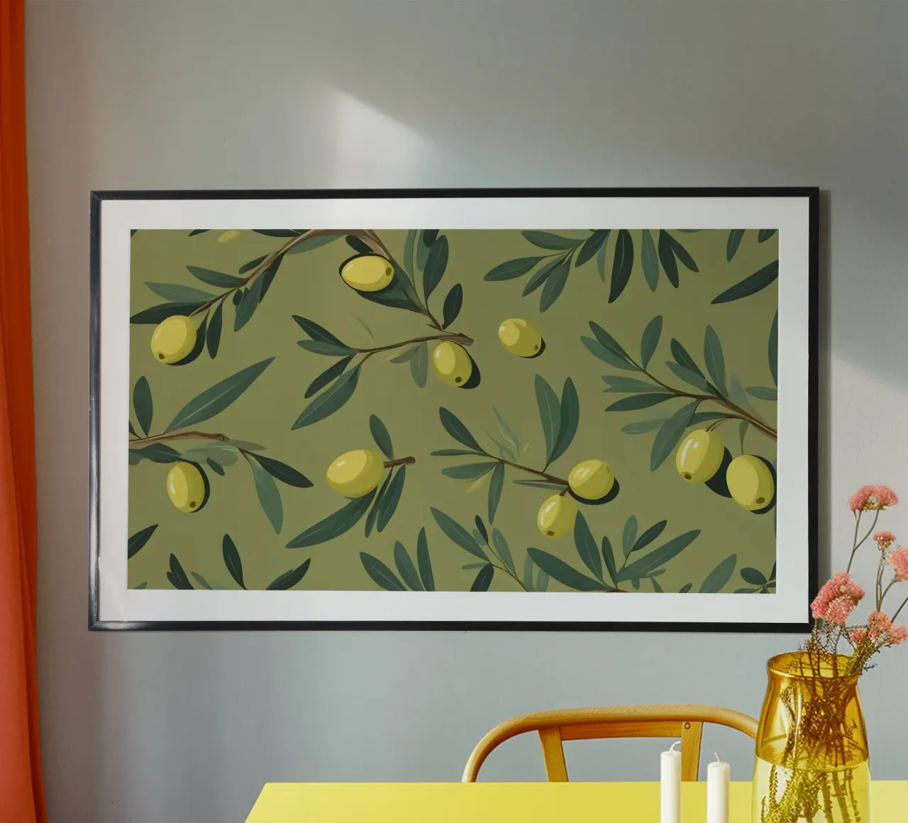 Papier peint élégant à motifs de branches d'olivier avec du jaune vibrant hahnemühle de DesignDoodle