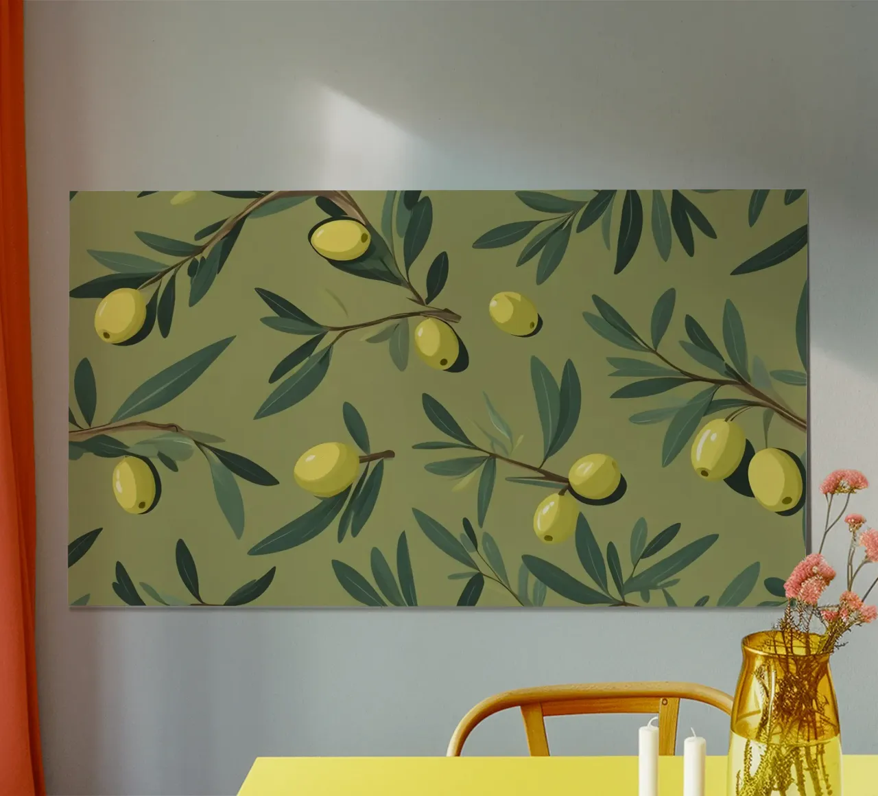 Papier peint élégant à motifs de branches d'olivier avec du jaune vibrant hahnemühle de DesignDoodle