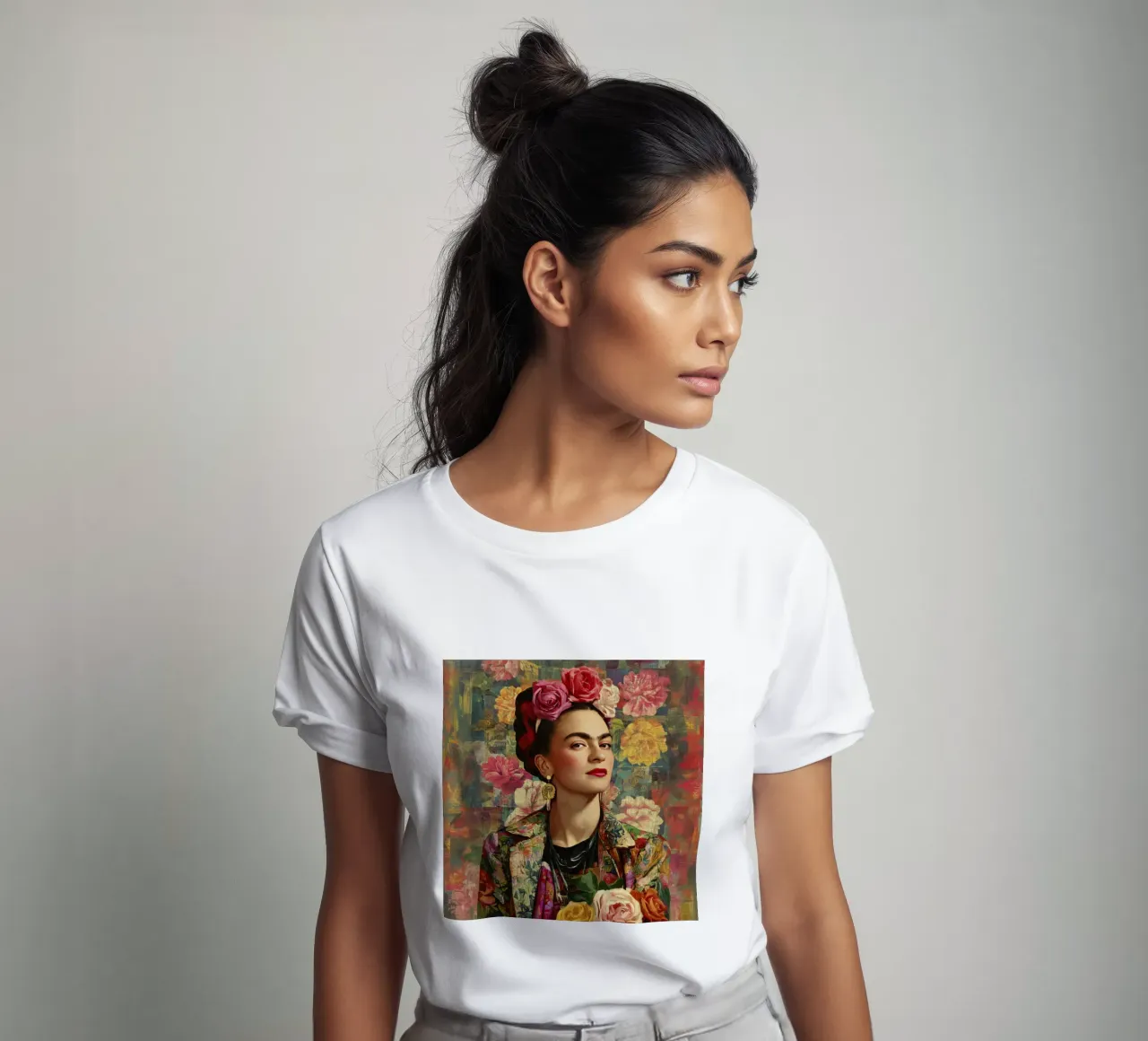 Audace musa bohémien con corona di rose circondata da fiori lussureggianti t-shirt da Modern Muse