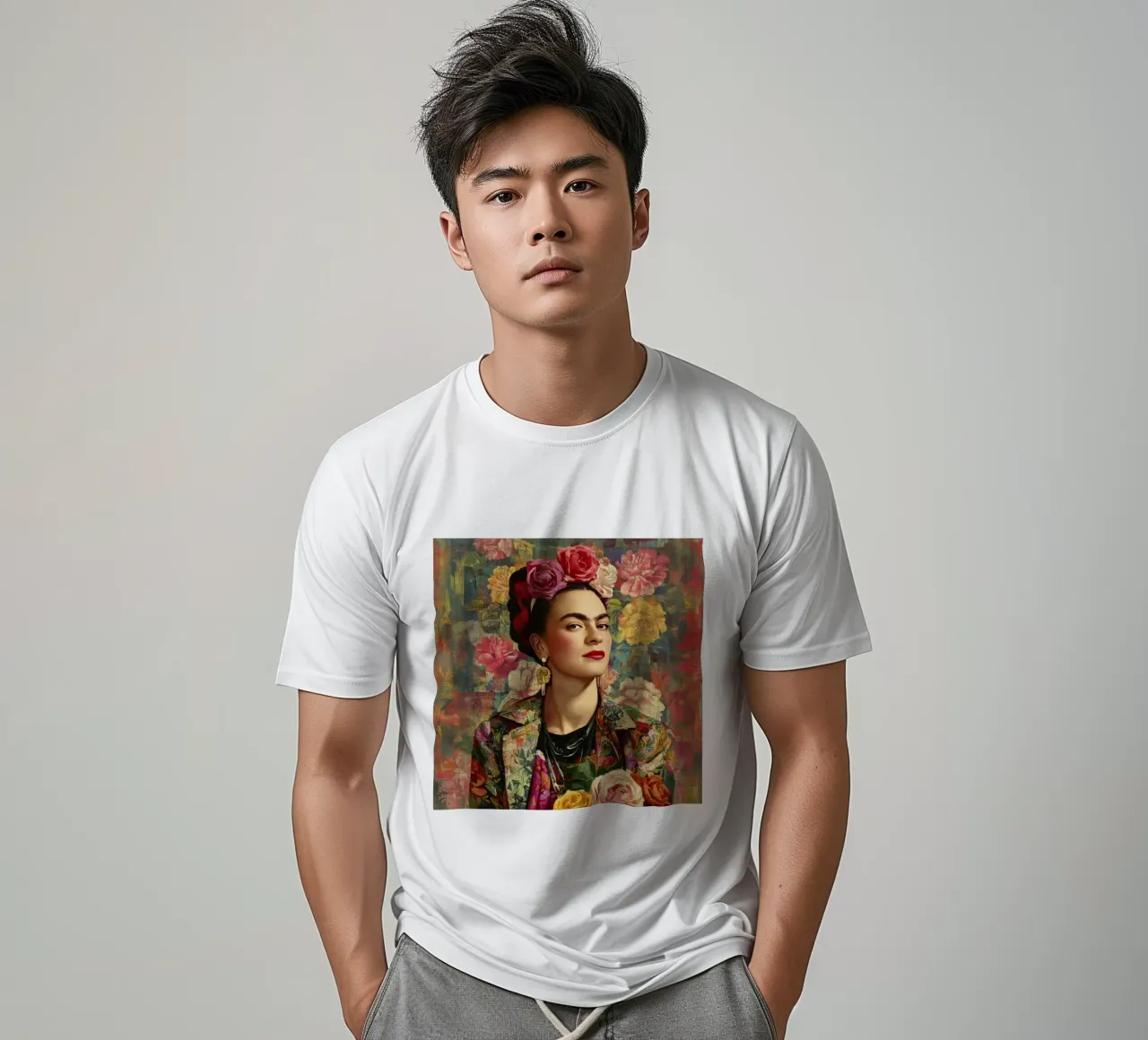 Audace musa bohémien con corona di rose circondata da fiori lussureggianti t-shirt da Modern Muse