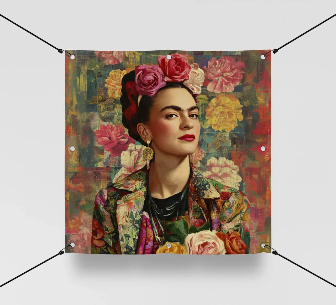 Audace musa bohémien con corona di rose circondata da fiori lussureggianti telo in pvc da Modern Muse