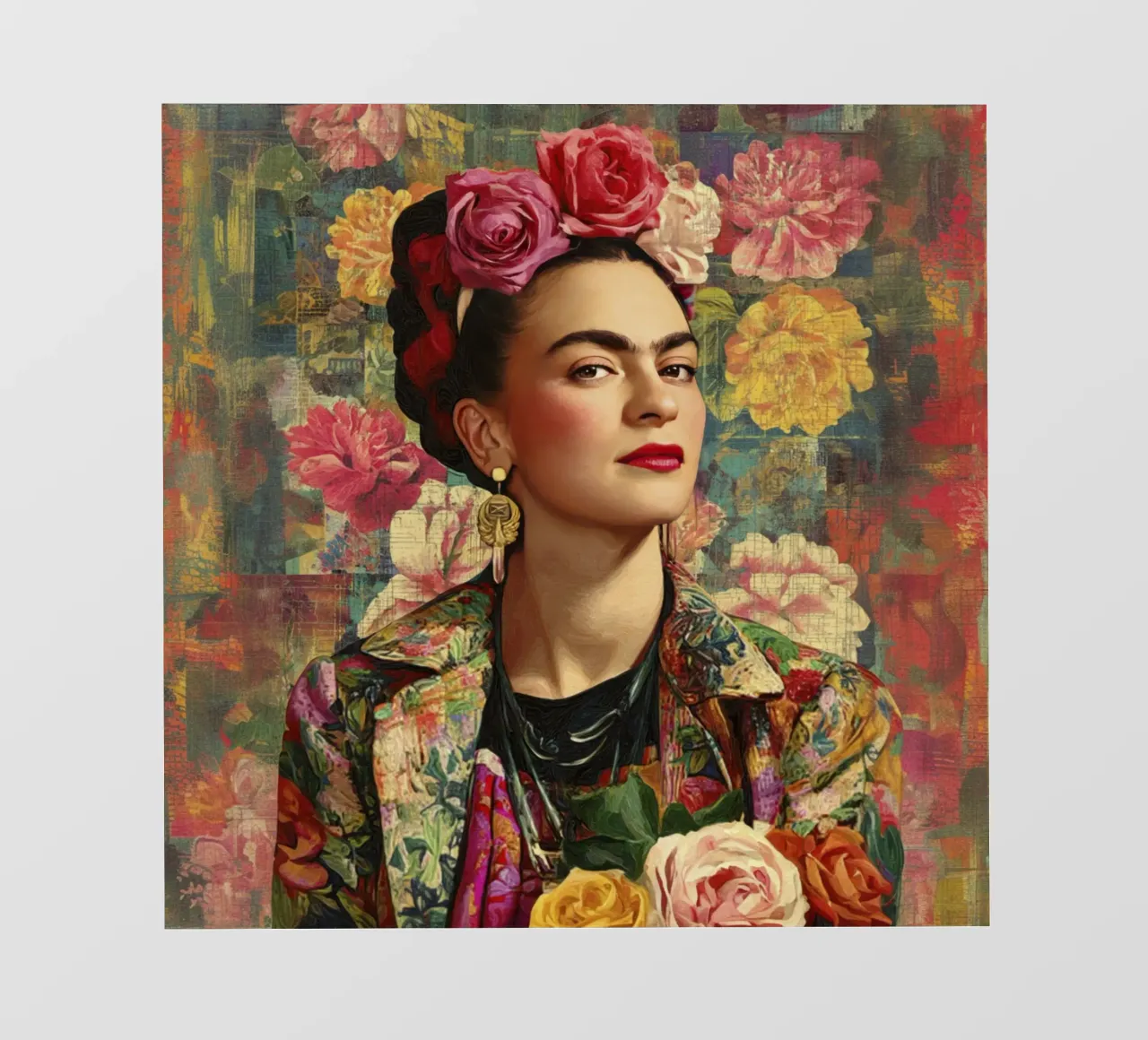 Audace musa bohémien con corona di rose circondata da fiori lussureggianti telo in pvc da Modern Muse