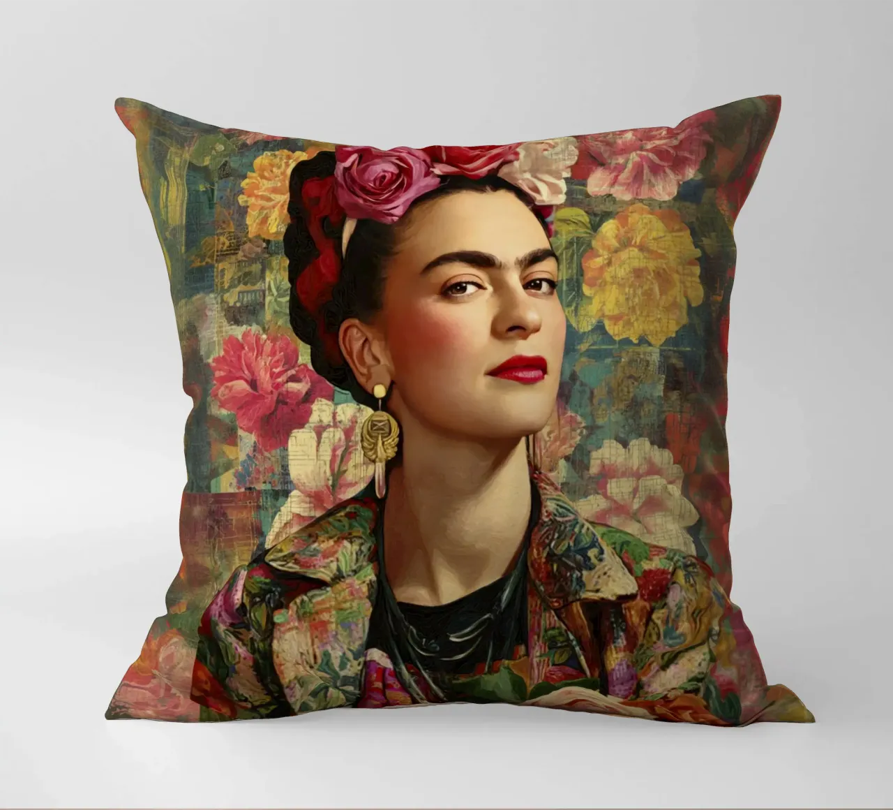 Audace musa messicana con rose e giacca dipinta cuscino da Modern Muse
