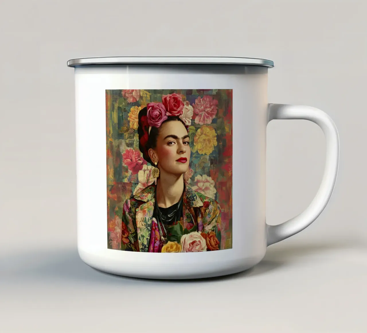 Audace musa bohémien con corona di rose circondata da fiori lussureggianti tazza in smalto da Modern Muse