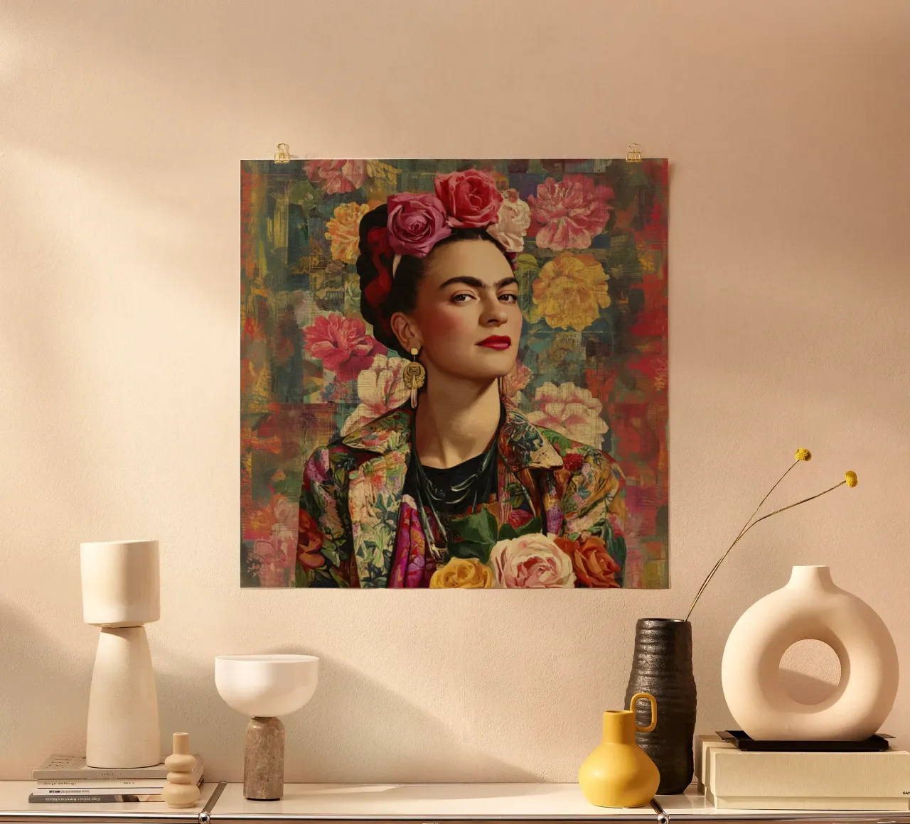 Audace musa messicana con rose e giacca dipinta poster con telaio in plastica da Modern Muse