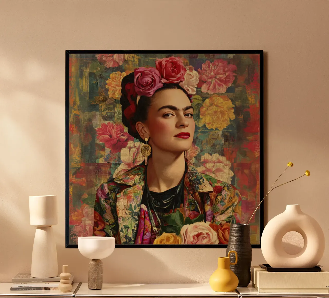 Audace musa messicana con rose e giacca dipinta poster con telaio in plastica da Modern Muse