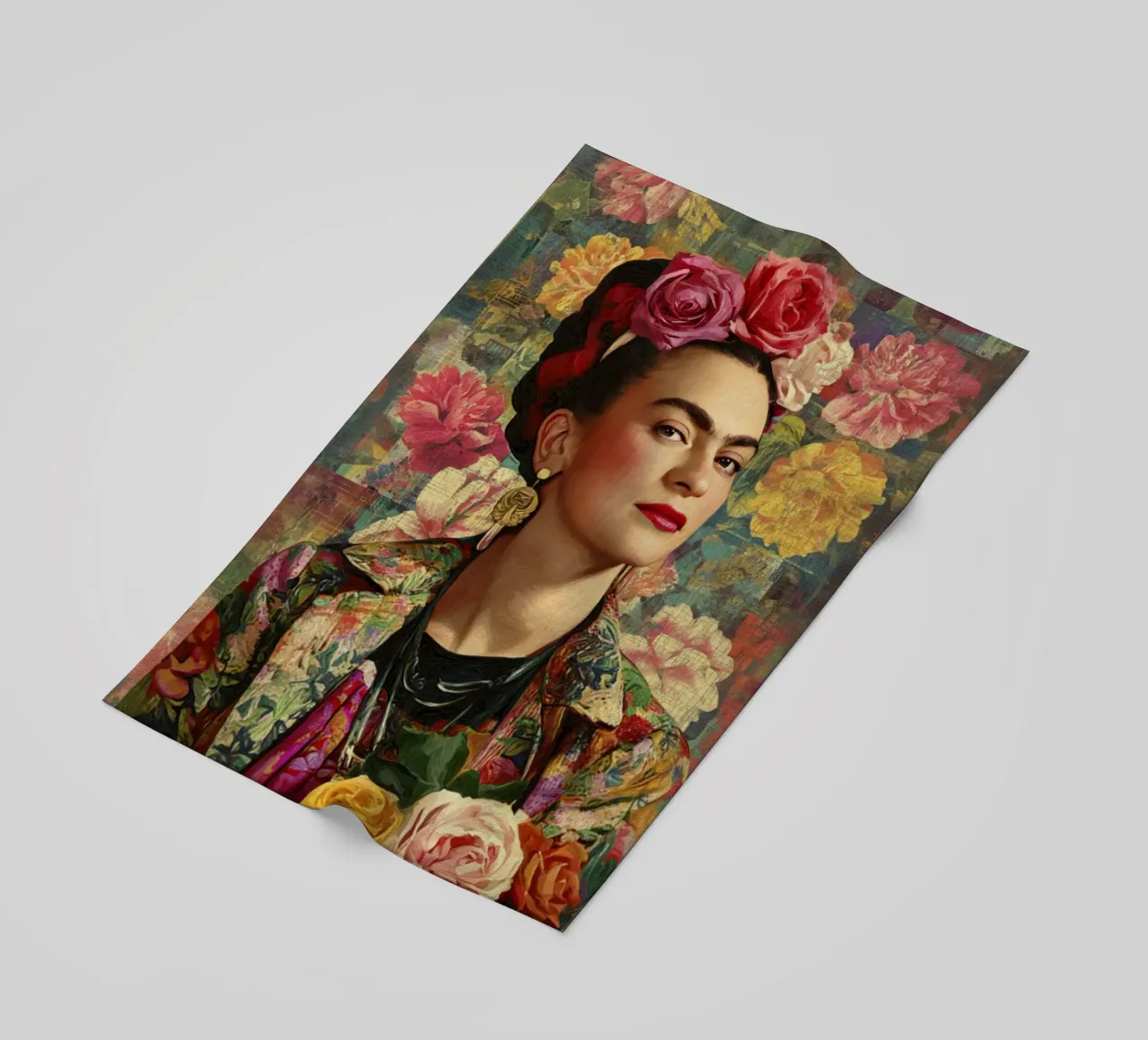 Audace musa bohémien con corona di rose circondata da fiori lussureggianti telo mare da Modern Muse