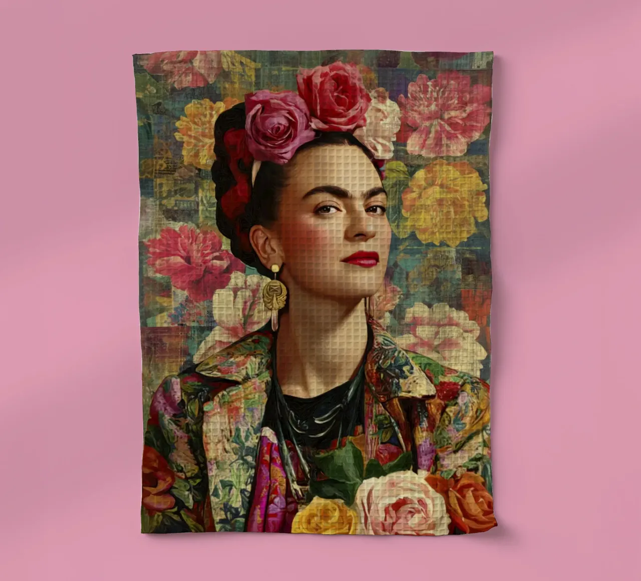 Audace musa bohémien con corona di rose circondata da fiori lussureggianti canovaccio da cucina da Modern Muse