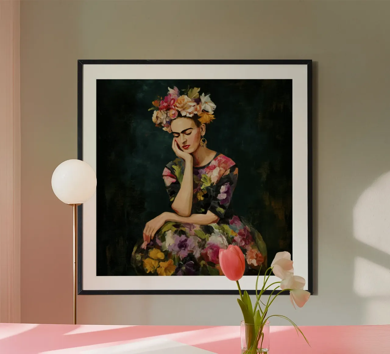 Audace musa messicana con rose e abito a fiori carta hahnemühle da Modern Muse